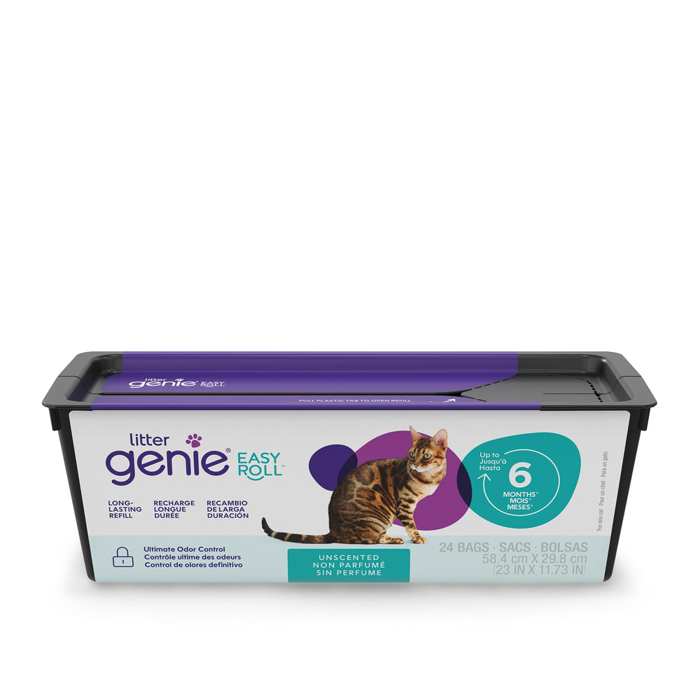 Litter Genie vue avant du paquet recharge montrant le produit et bénéfice de simplicité