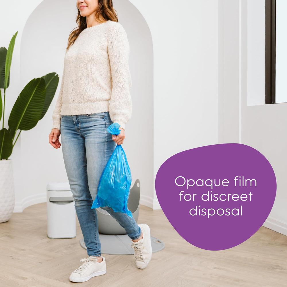 Litter Genie étiquette mentionnant plastique recyclé et avantage durable
