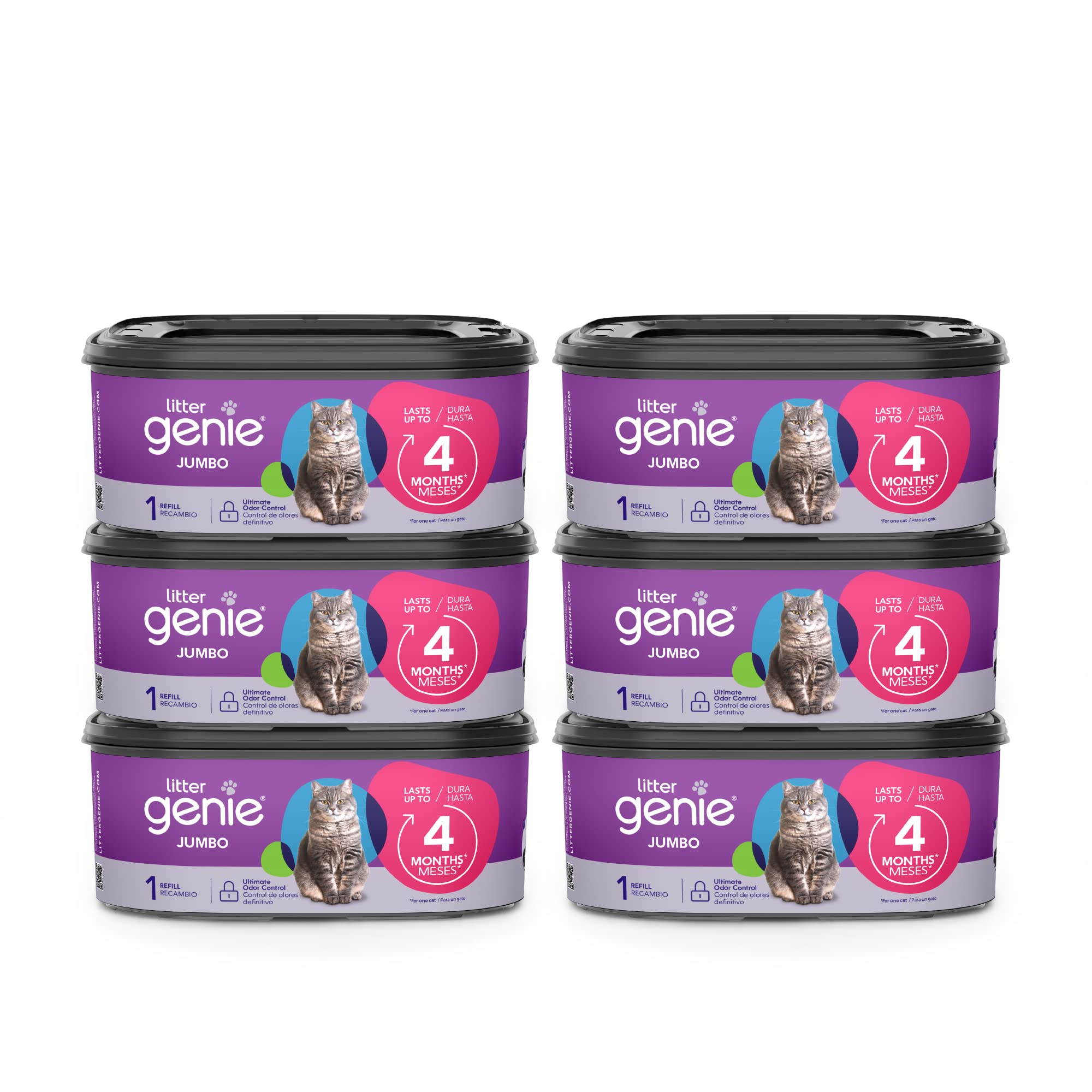Litter Genie emballage avant montrant le pack de six recharges et bénéfice stockage