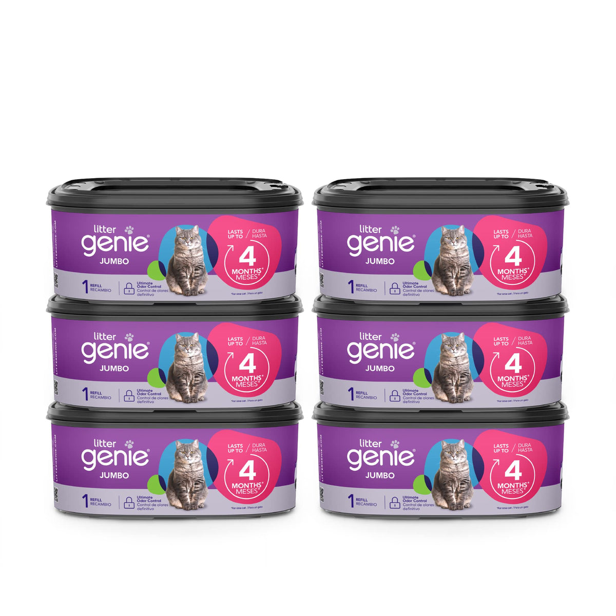Litter Genie emballage avant montrant le pack de six recharges et bénéfice stockage