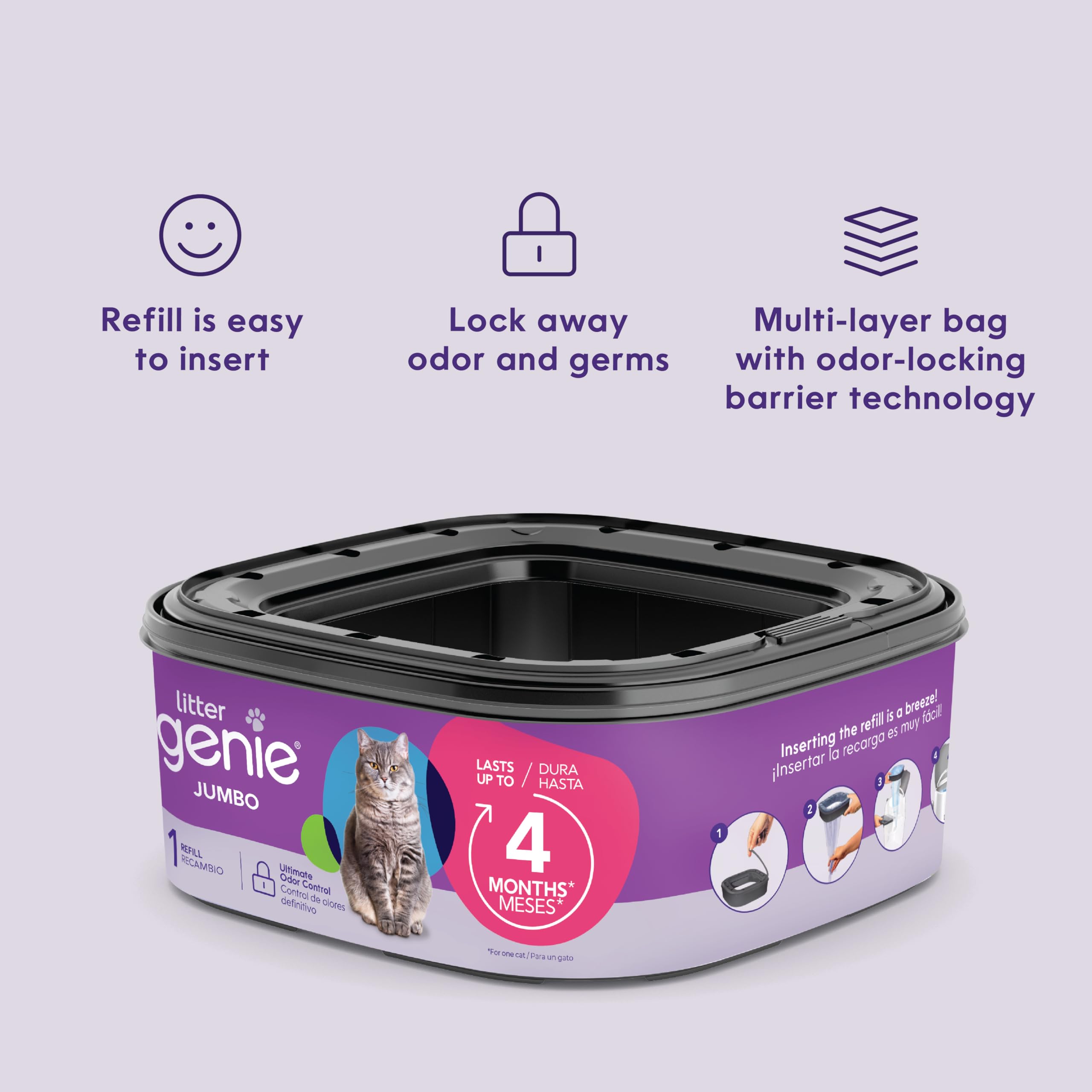 Litter Genie recharge rangée dans placard montrant stockage pratique