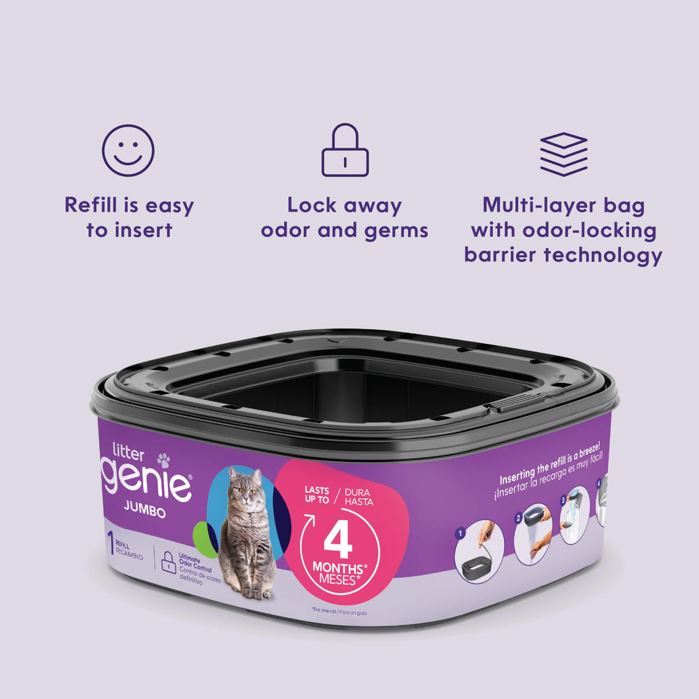 Litter Genie recharge rangée dans placard montrant stockage pratique
