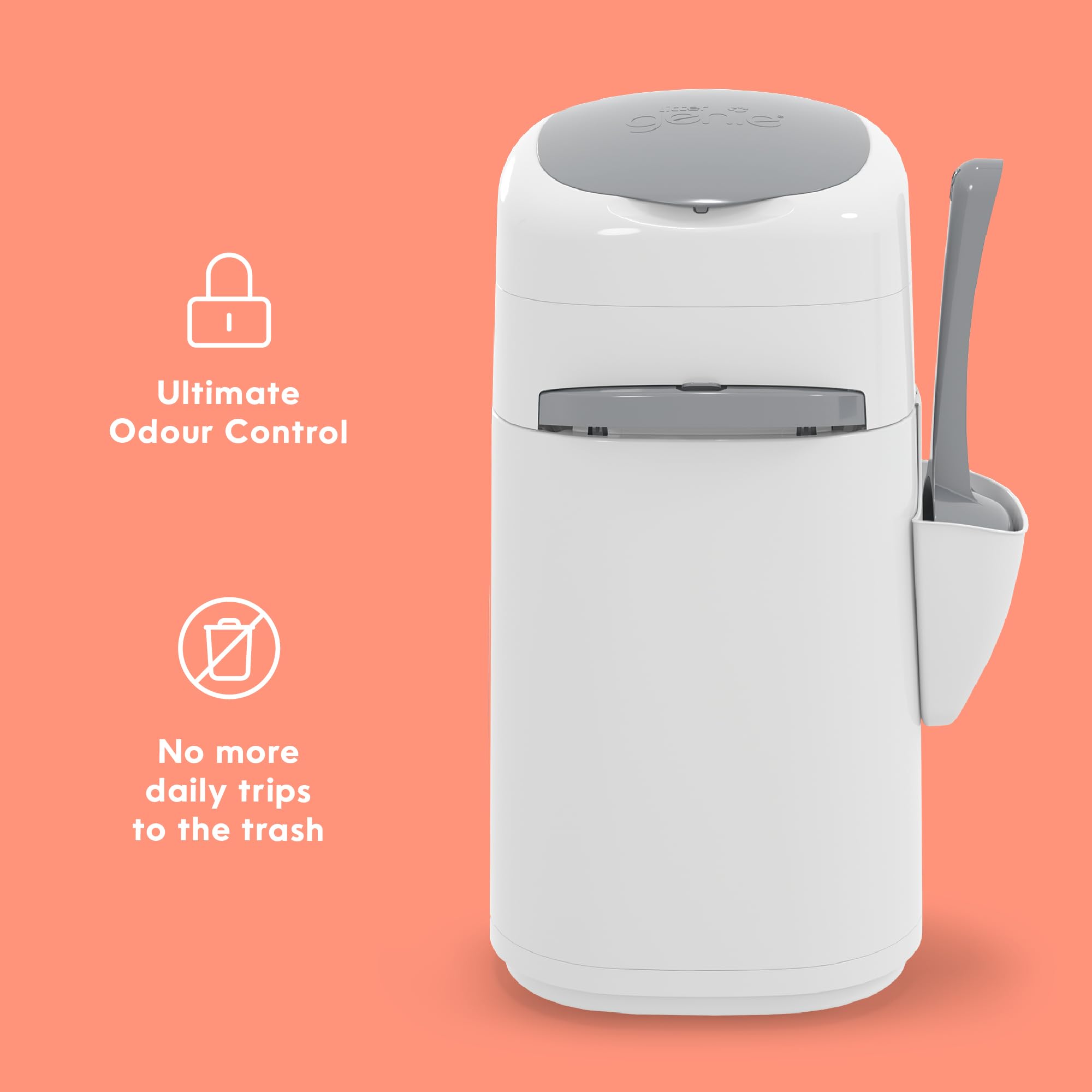 Litter Genie ouverture large facilitant dépôt rapide de la litière