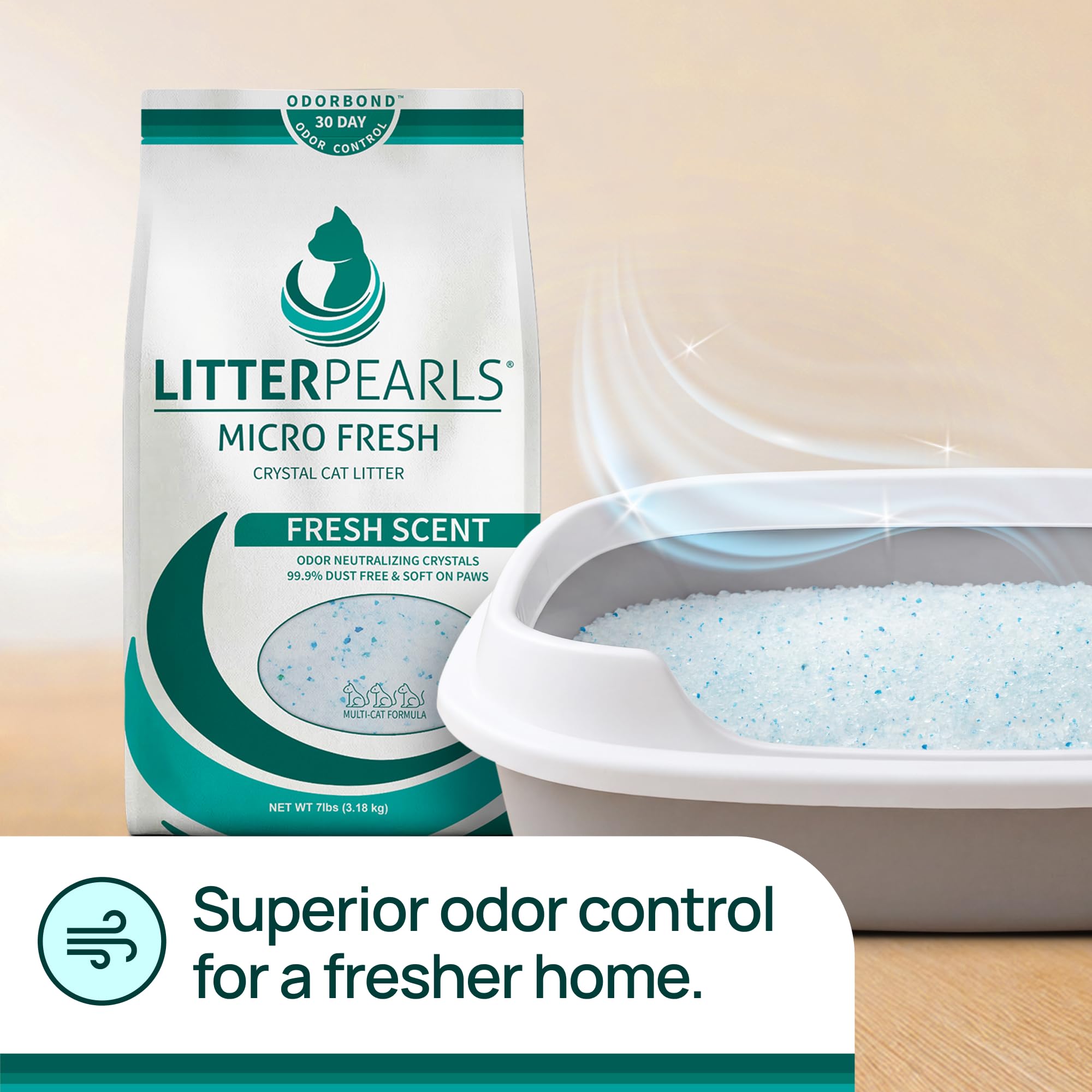 Litter Pearls bac en usage démontrant contrôle des odeurs et propreté visible