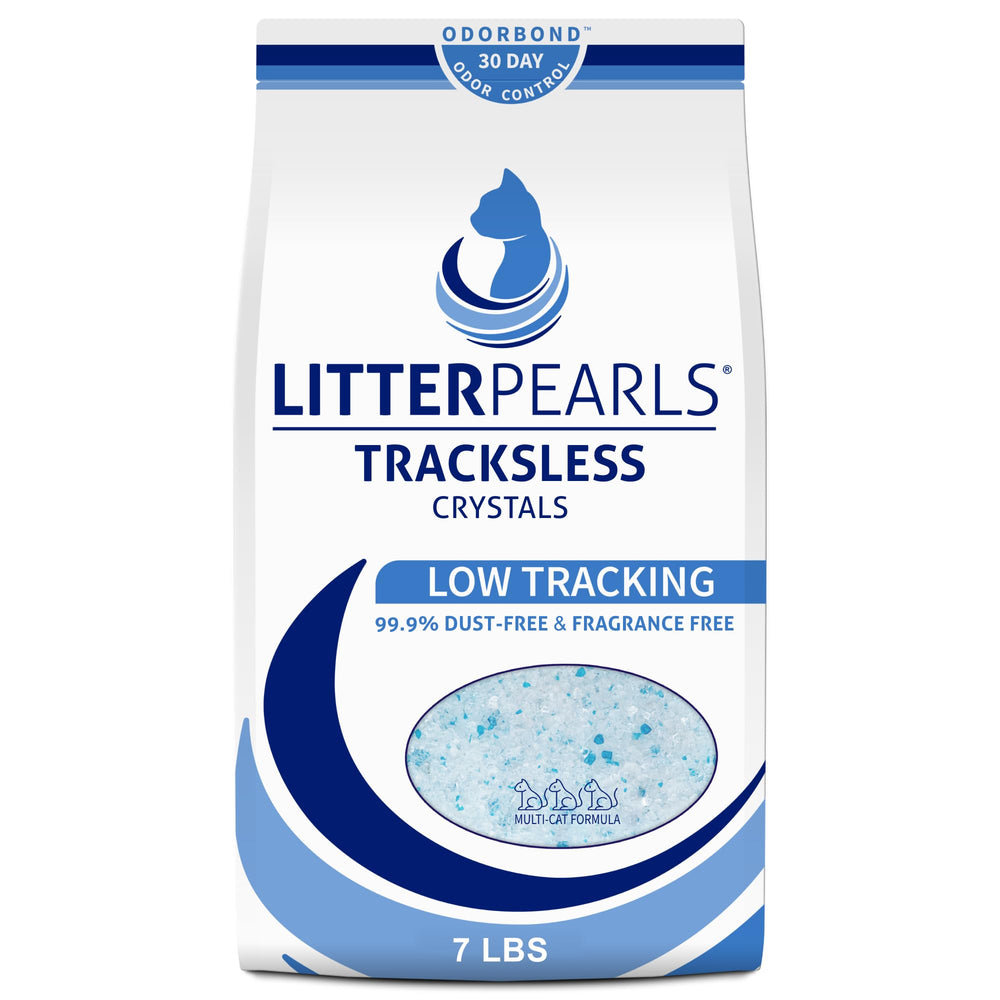Litter Pearls paquet avant blanc montrant sac de 7 lb et bénéfice stockage facile