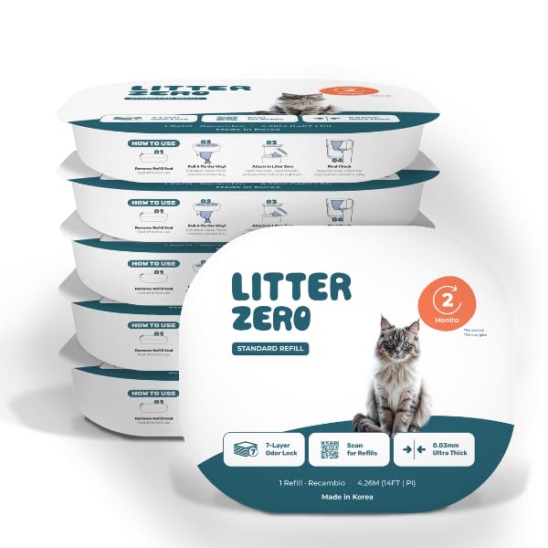 Litter Zero emballage avant montrant le pack de recharges et l'avantage anti-odeur