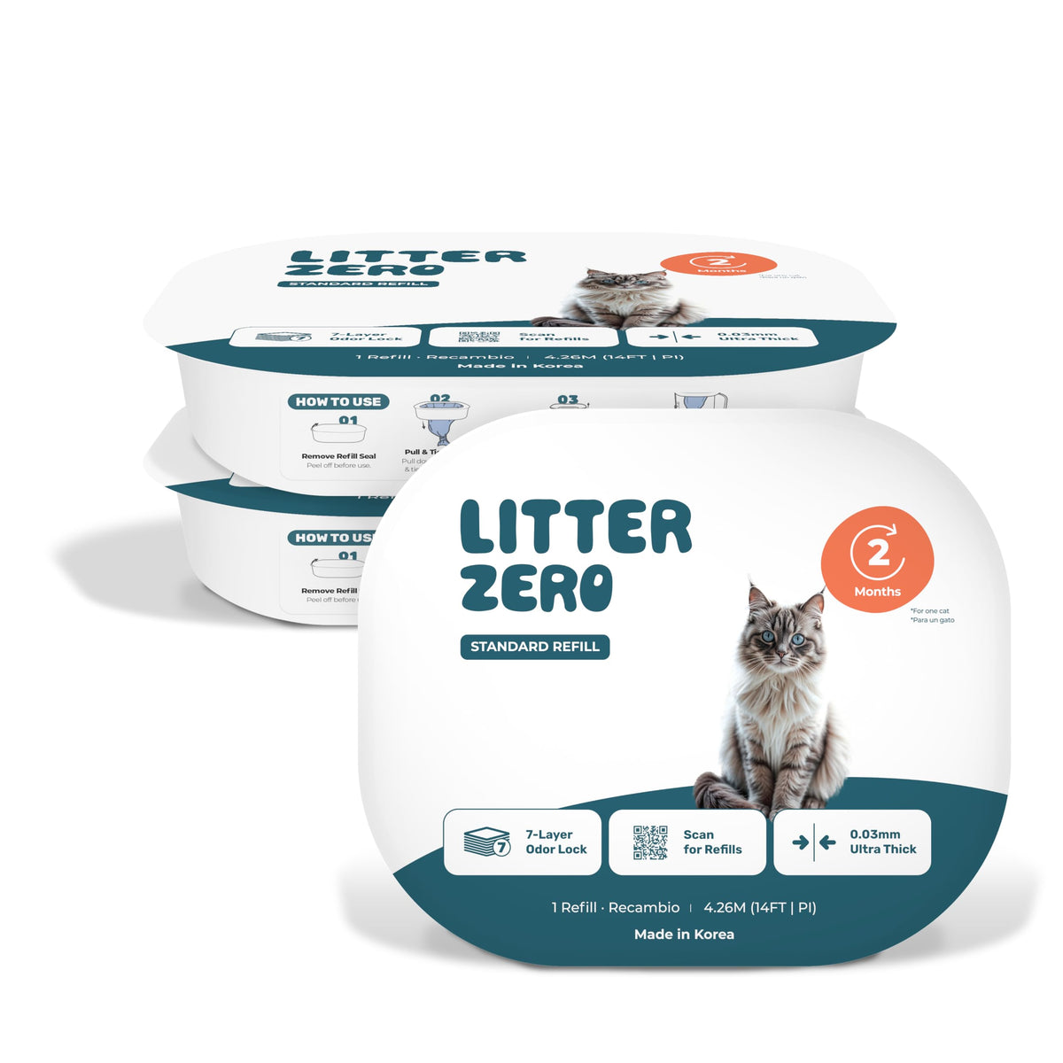 litter zero packaging avant montrant le lot de 3 recharges et protection anti-odeur
