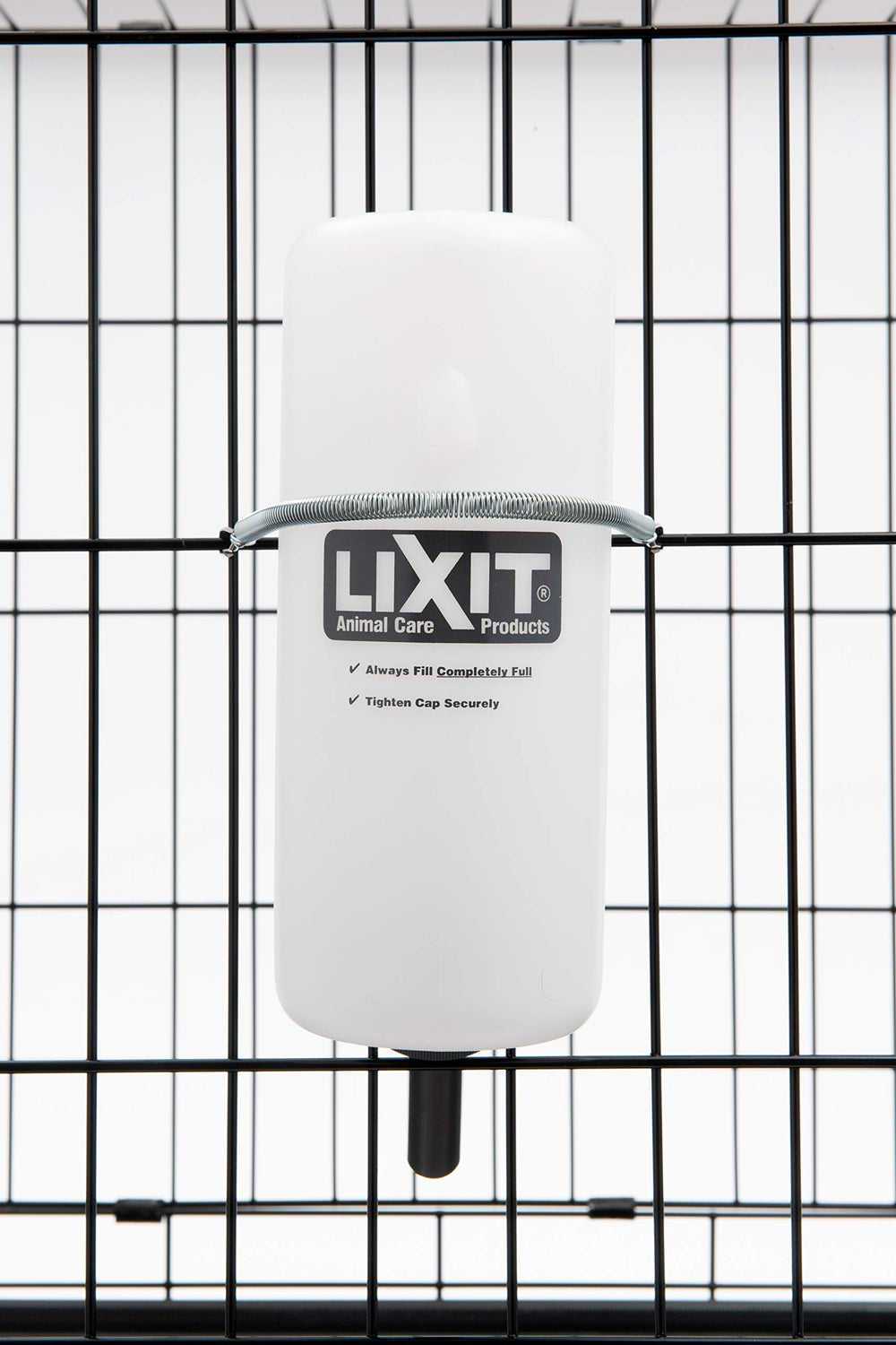 Lixit bouteille installée dans une cage pour hydratation pratique