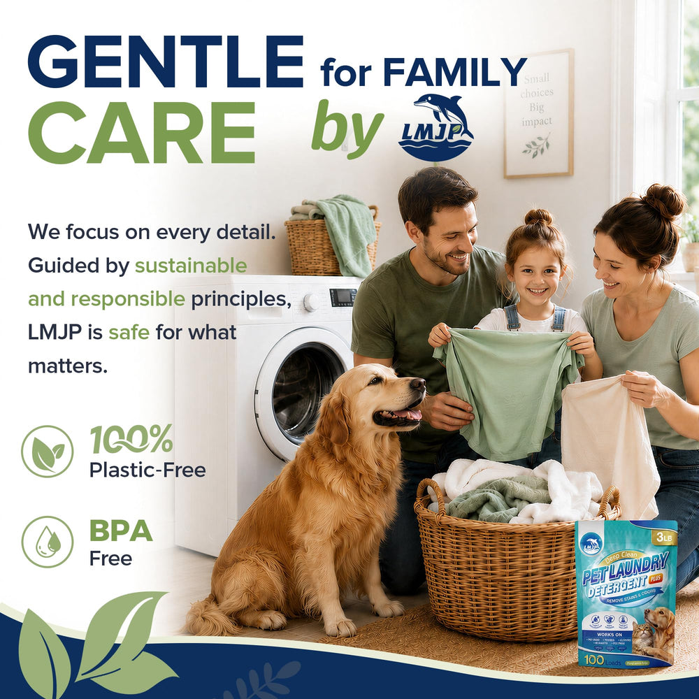 LMJP linge pour animaux dans machine montrant détergent compatible HE et eau froide