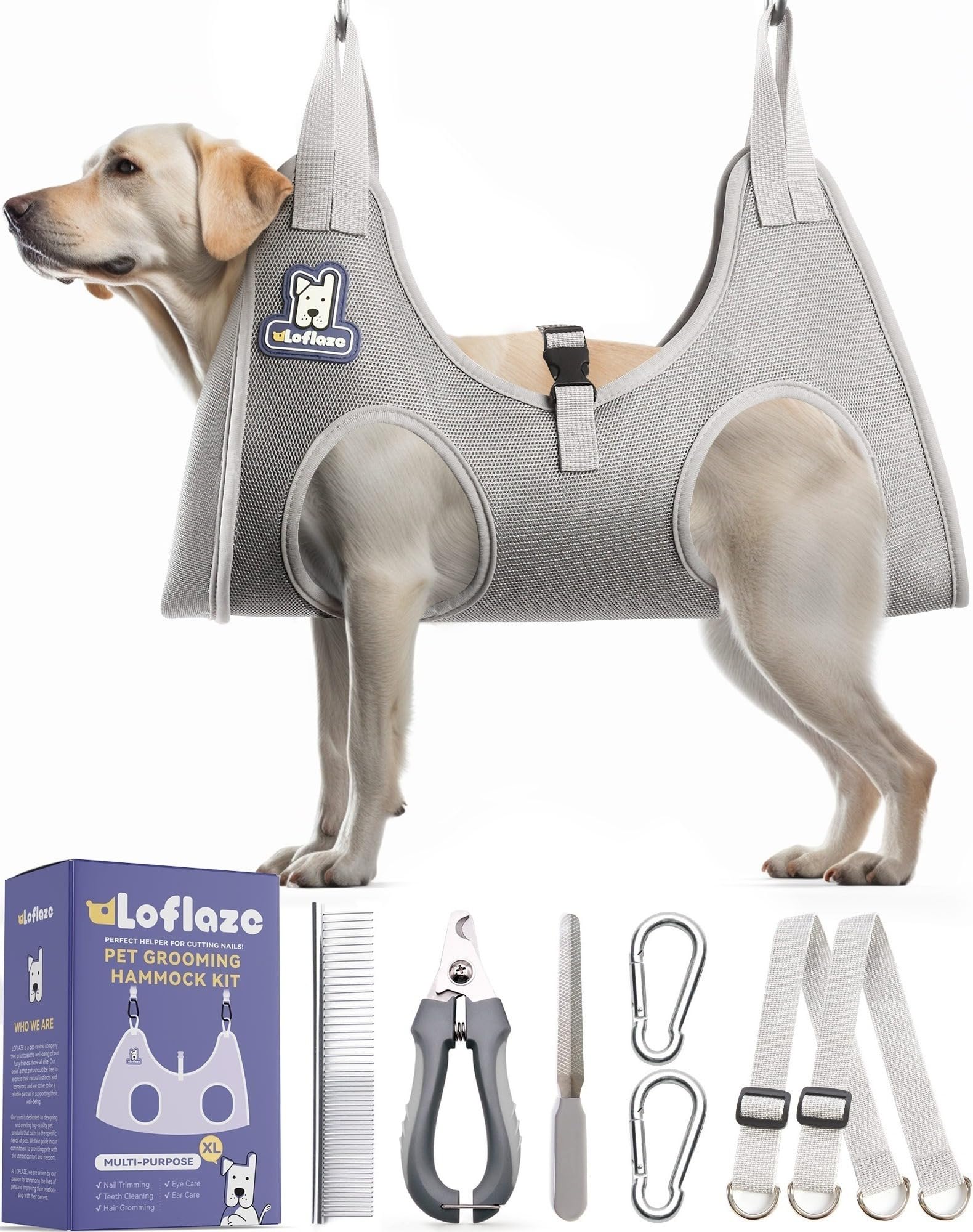 Loflaze hamac face plié gris XL, maintien sûr pour toilettage