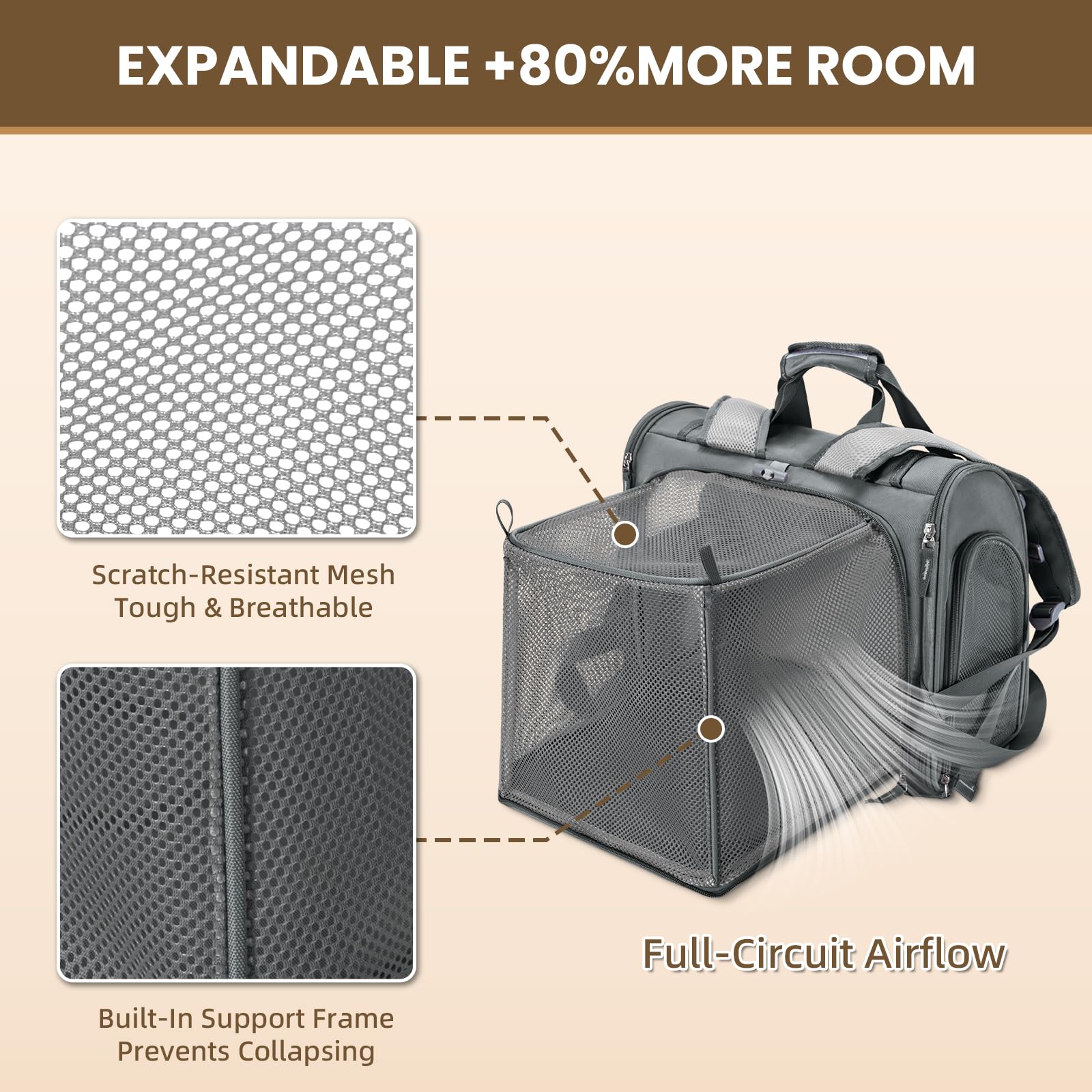 LOLLIMEOW sac extensible ouvert montrant espace supplémentaire, confort pour l'animal