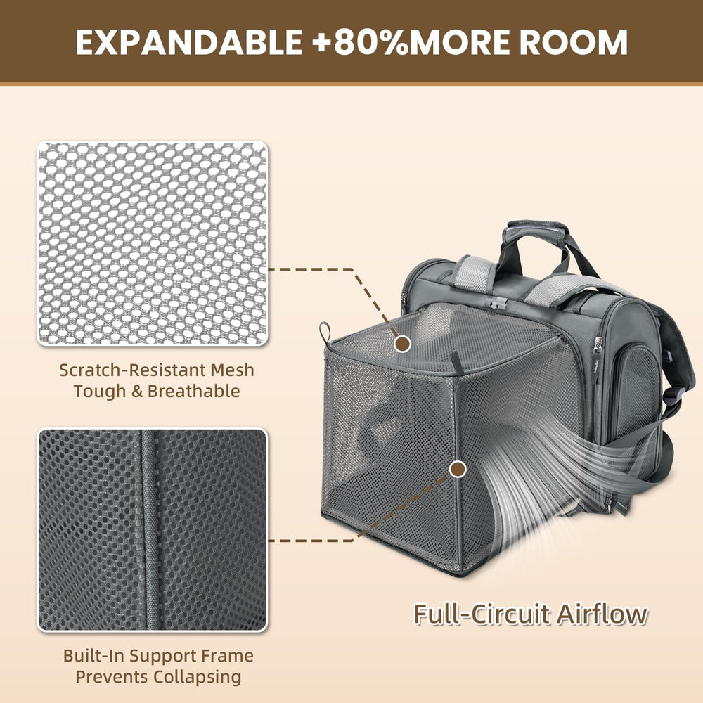 LOLLIMEOW sac extensible ouvert montrant espace supplémentaire, confort pour l'animal