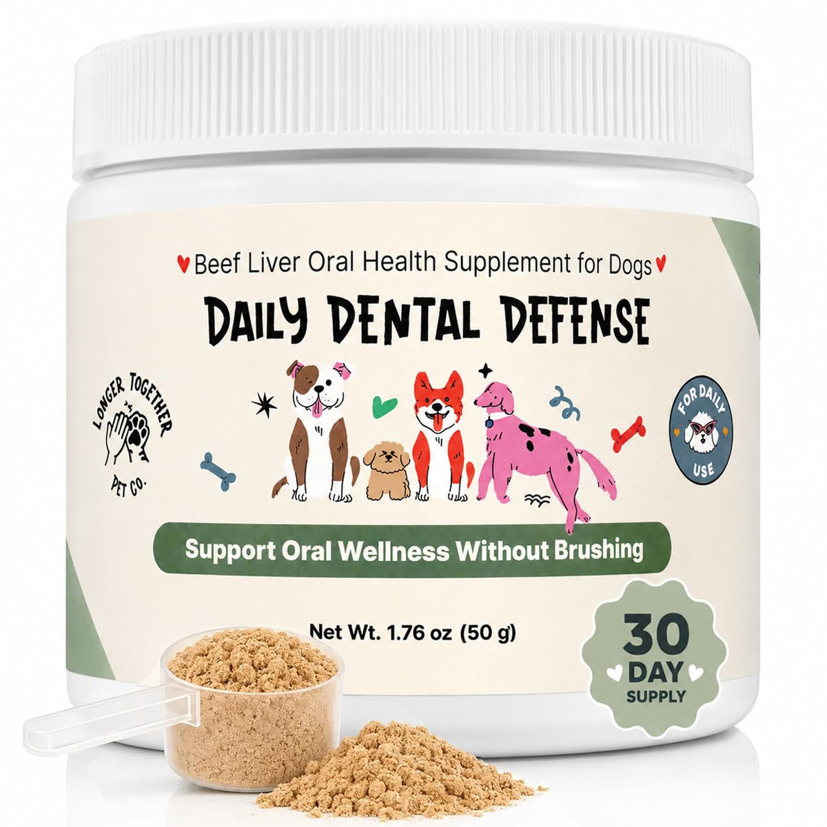 LONGER TOGETHER PET CO. emballage avant montrant produit et bénéfice hygiène buccale