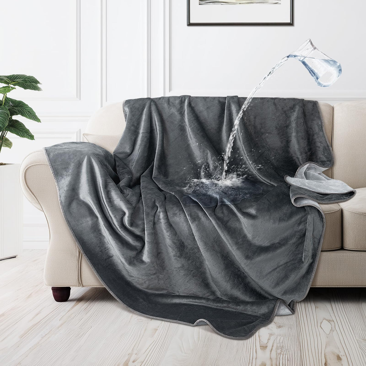 LOOBANI vue du plaid gris posé sur un canapé, protège et embellit