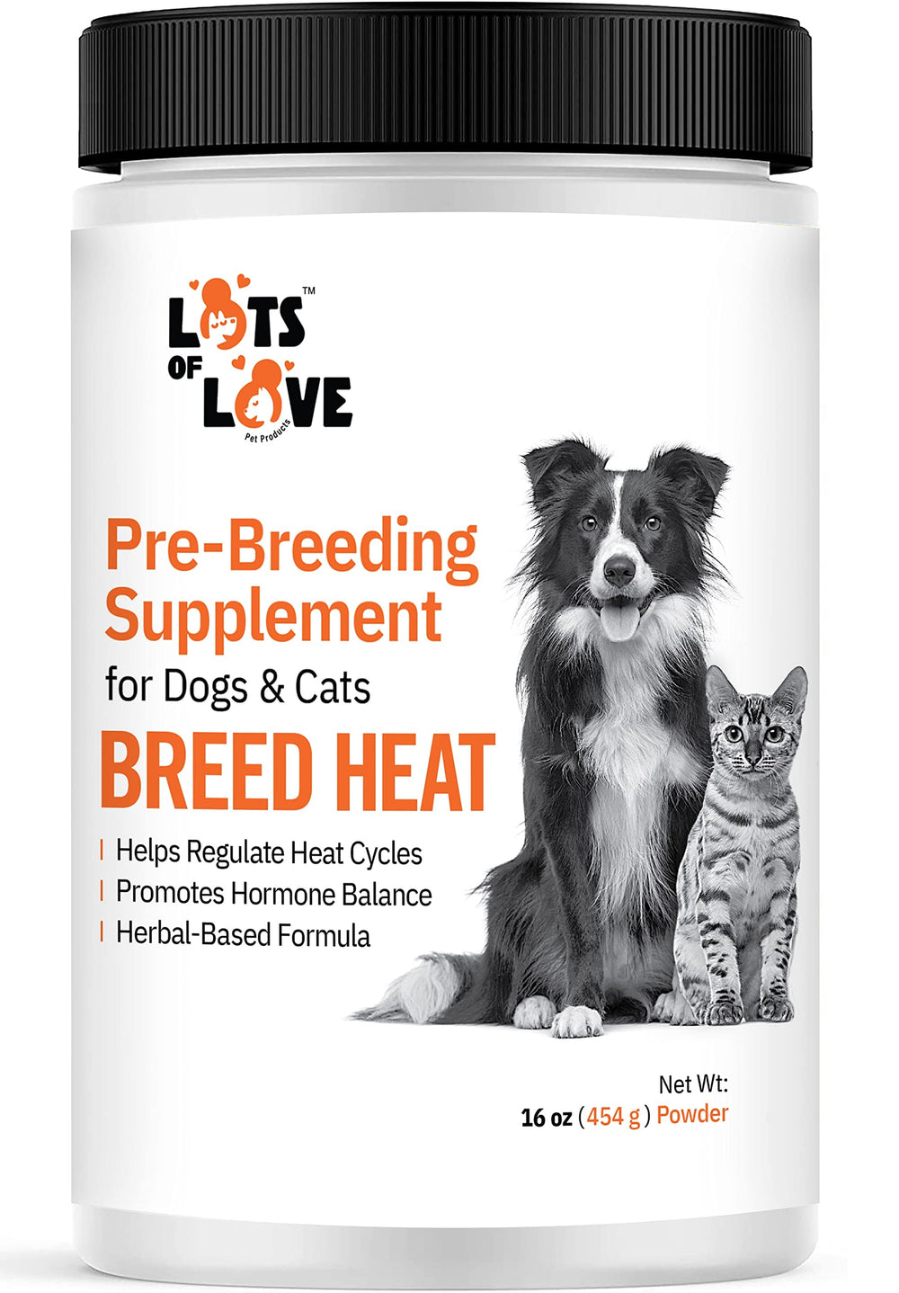 LOTS OF LOVE PET PRODUCTS emballage Breed Heat 16 oz montrant le pot et l'étiquette, bénéfice clarté d'usage