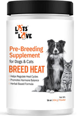 LOTS OF LOVE PET PRODUCTS emballage Breed Heat 16 oz montrant le pot et l'étiquette, bénéfice clarté d'usage