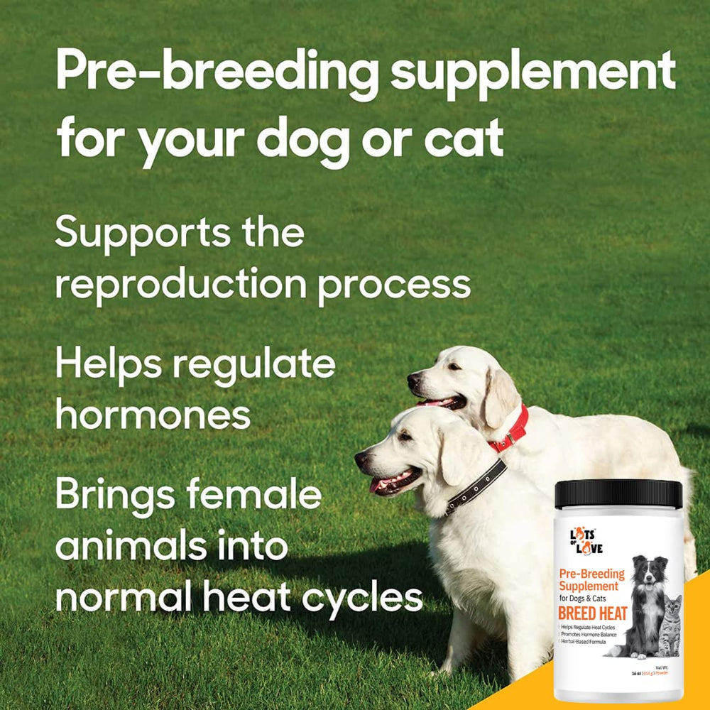 LOTS OF LOVE PET PRODUCTS étiquette Breed Heat montrant ingrédients et provenance, bénéfice transparence