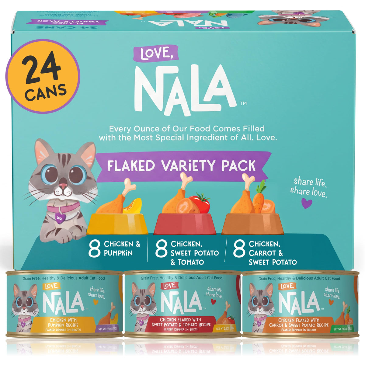LOVE, NALA emballage avant montrant le pack de 24 sachets et informations claires
