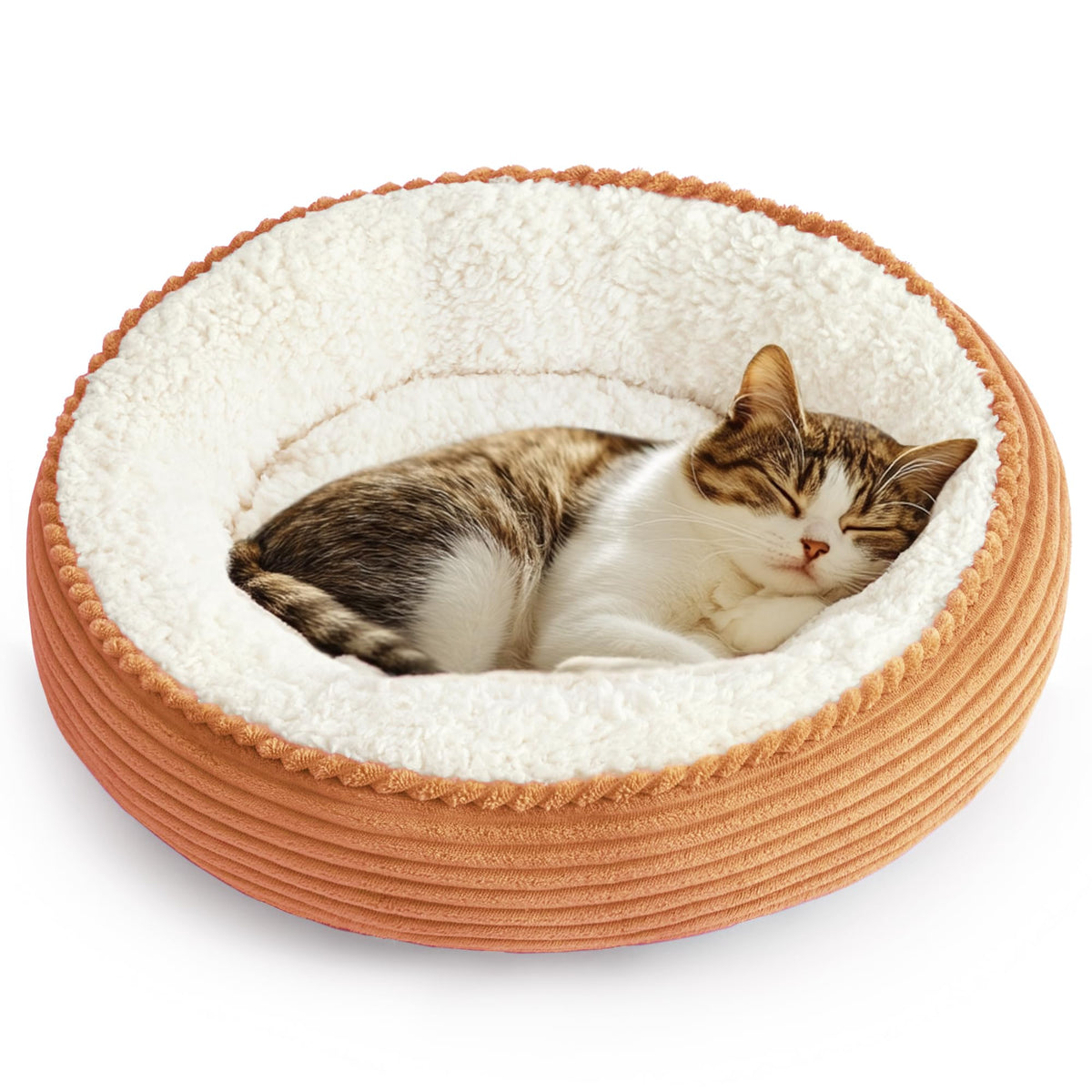 Love's cabin vue frontale du lit donut orange rayé offrant confort visuel