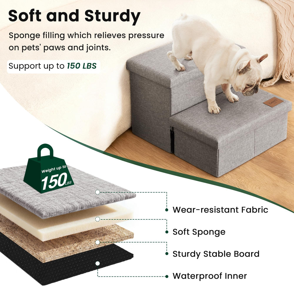 Love's cabin chien utilisant les marches pour monter sur le lit sans sauter