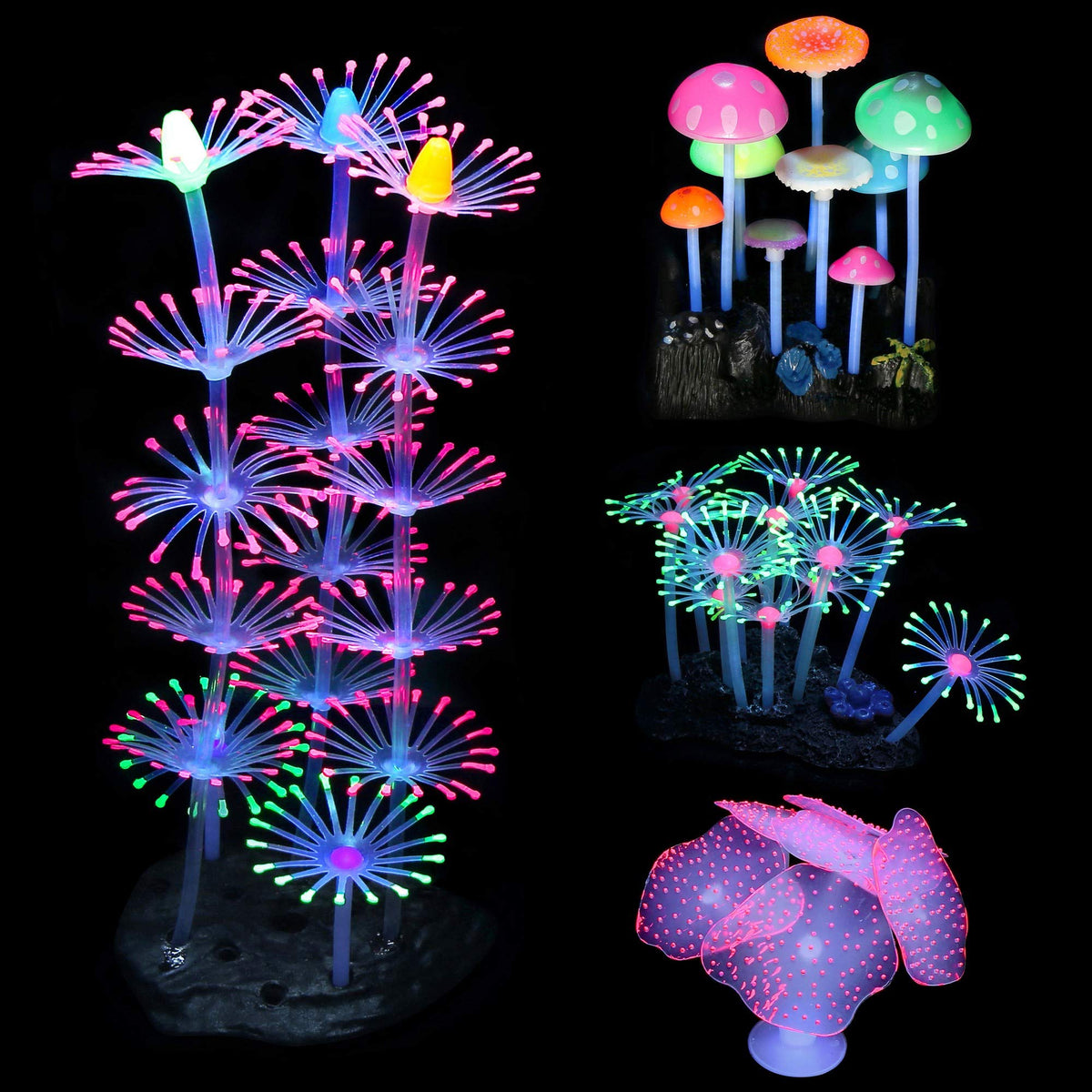 Lpraer ensemble frontal montrant quatre décorations pour aquarium et ambiance réaliste