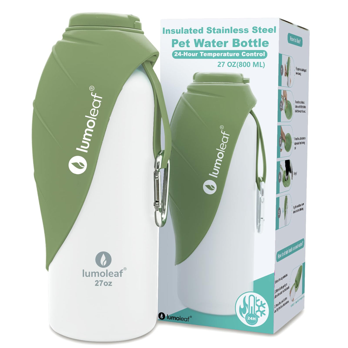 LumoLeaf gourde avant verte montrant forme compacte et portabilité