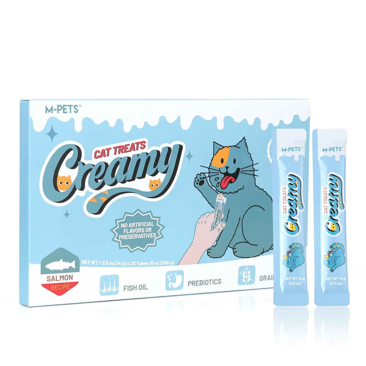 M-PETS emballage avant affichant 20 tubes et bénéfice oméga‑3