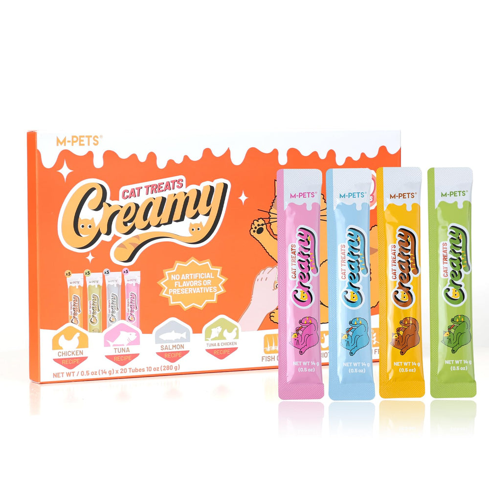 M-PETS face avant du pack quatre saveurs montrant tubes et assortiment bénéfice variété