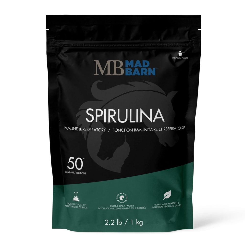 Mad Barn spirulina vue frontale du paquet montrant l'étiquette claire et bénéfice nutritionnel