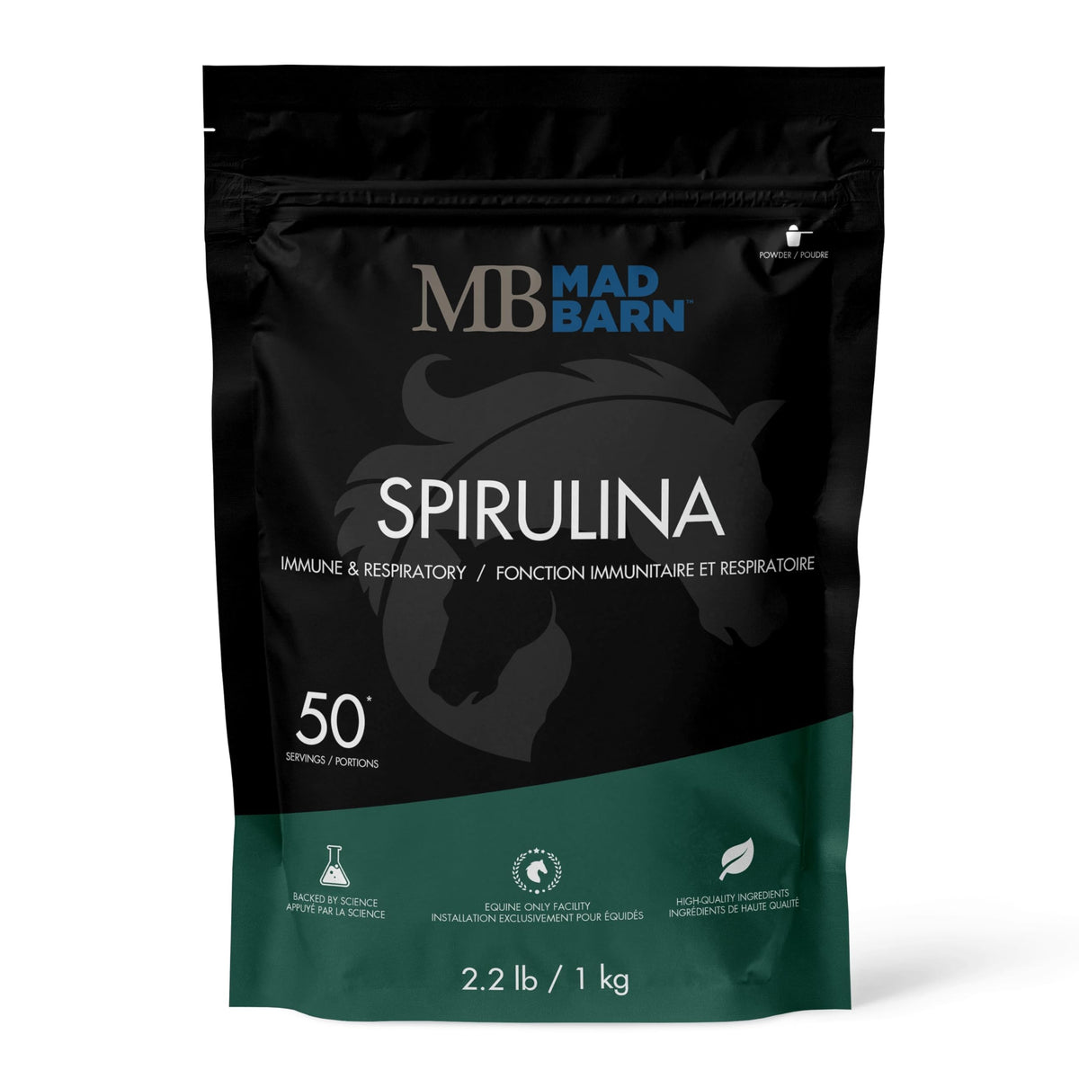 Mad Barn spirulina vue frontale du paquet montrant l'étiquette claire et bénéfice nutritionnel