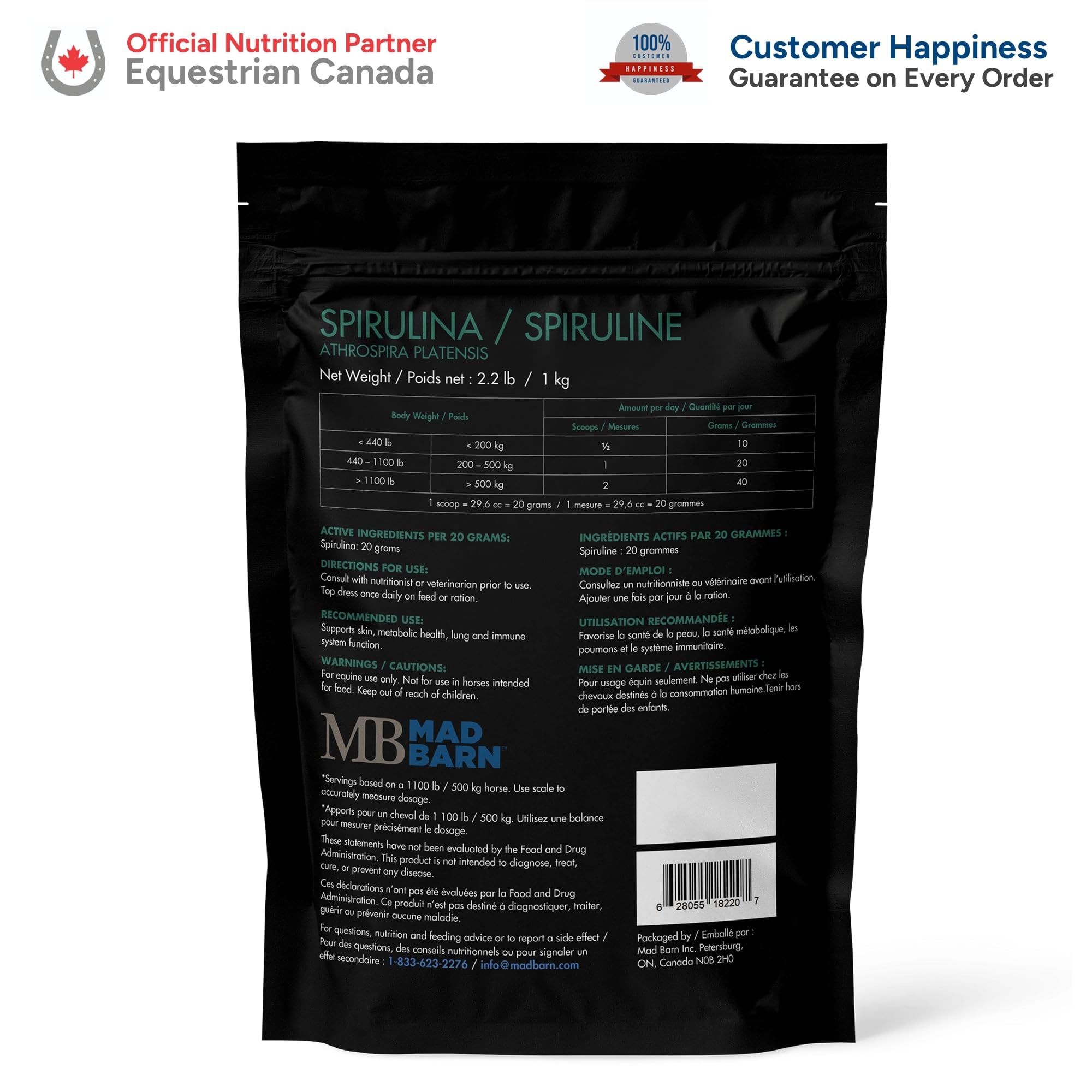 Mad Barn spirulina gros plan de la texture poudreuse pour une bonne dispersion et appétence