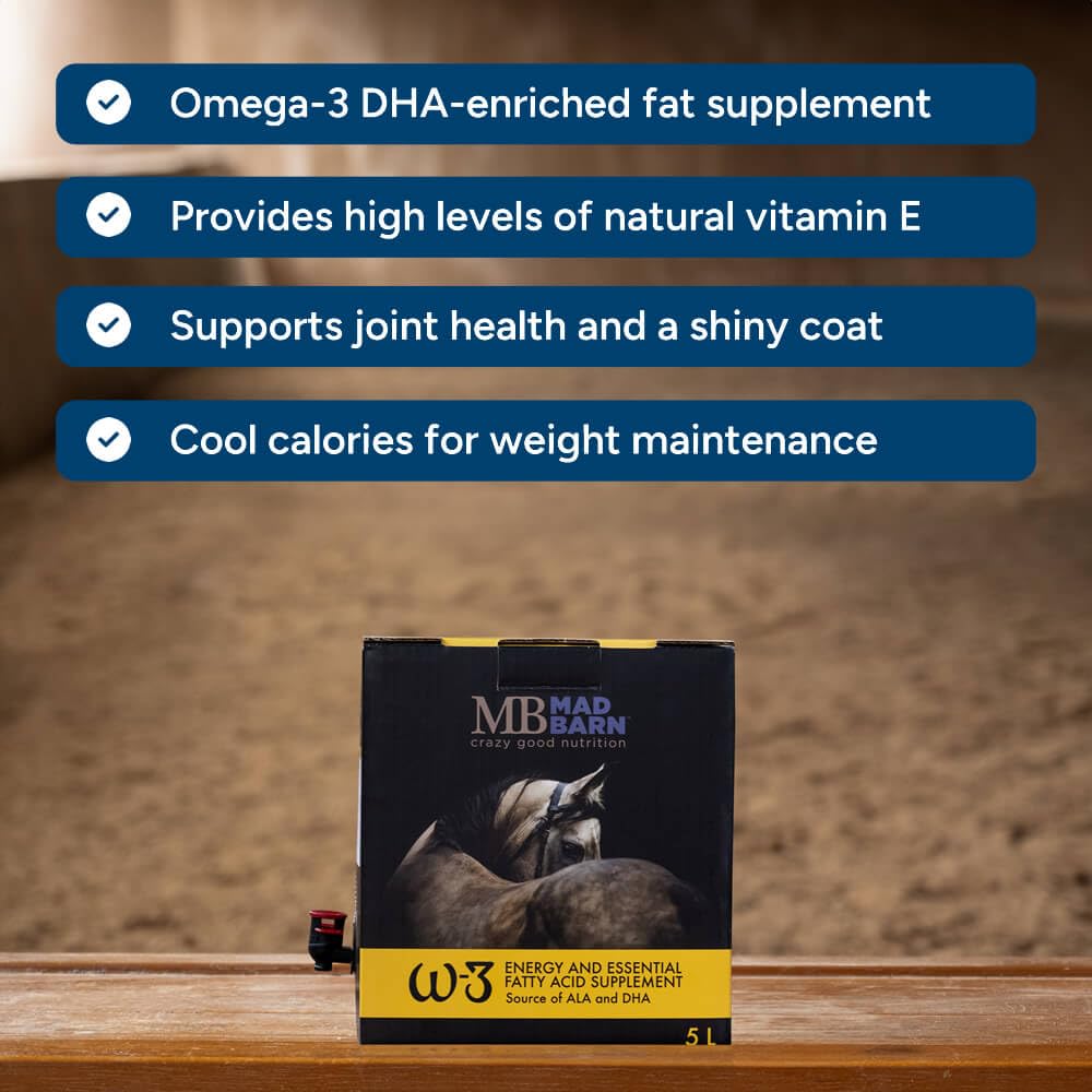 Mad Barn étiquette W-3 Oil montrant ingrédients et avantages pour la nutrition équine