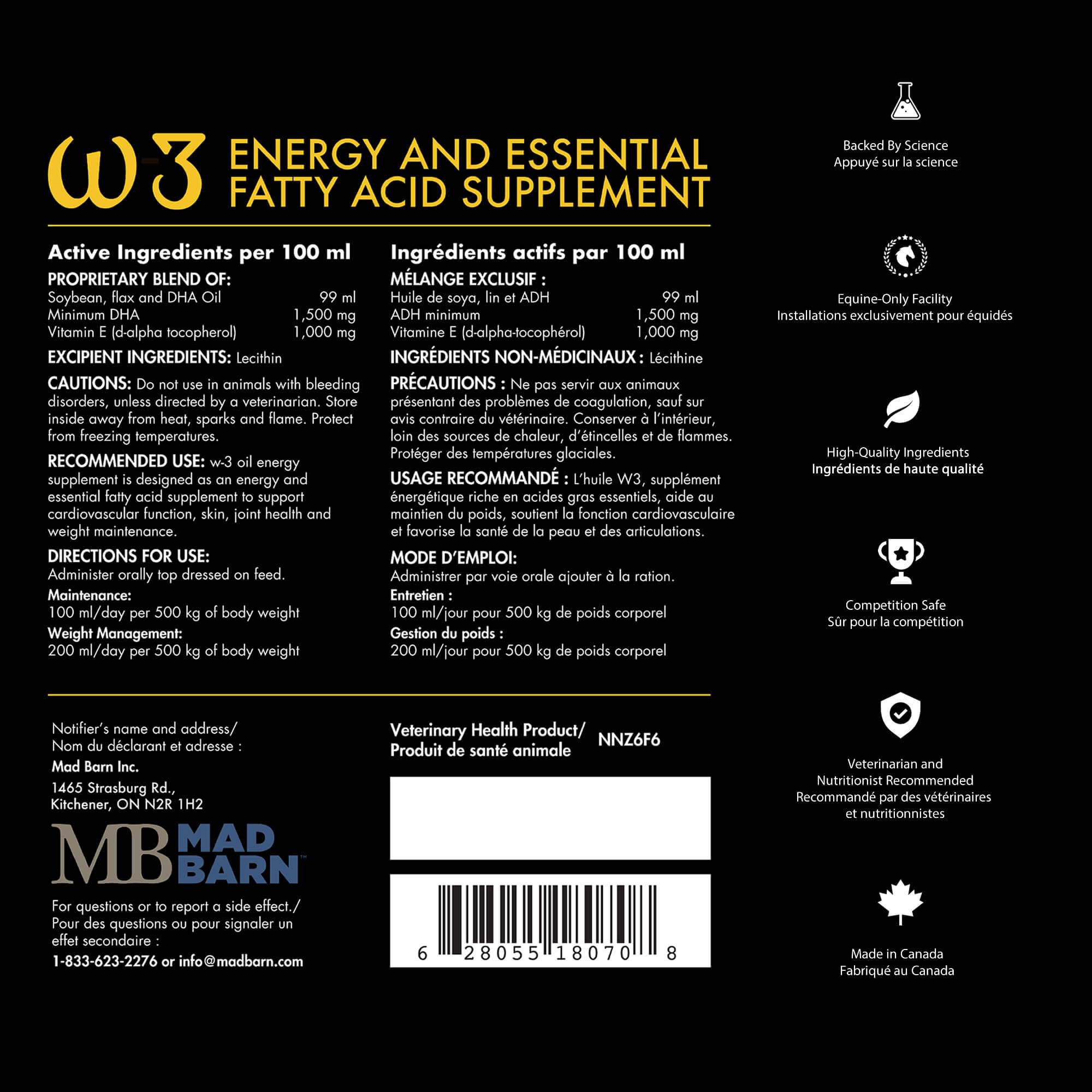 Mad Barn ajout de W-3 Oil dans la ration montrant mélange facile et appétence