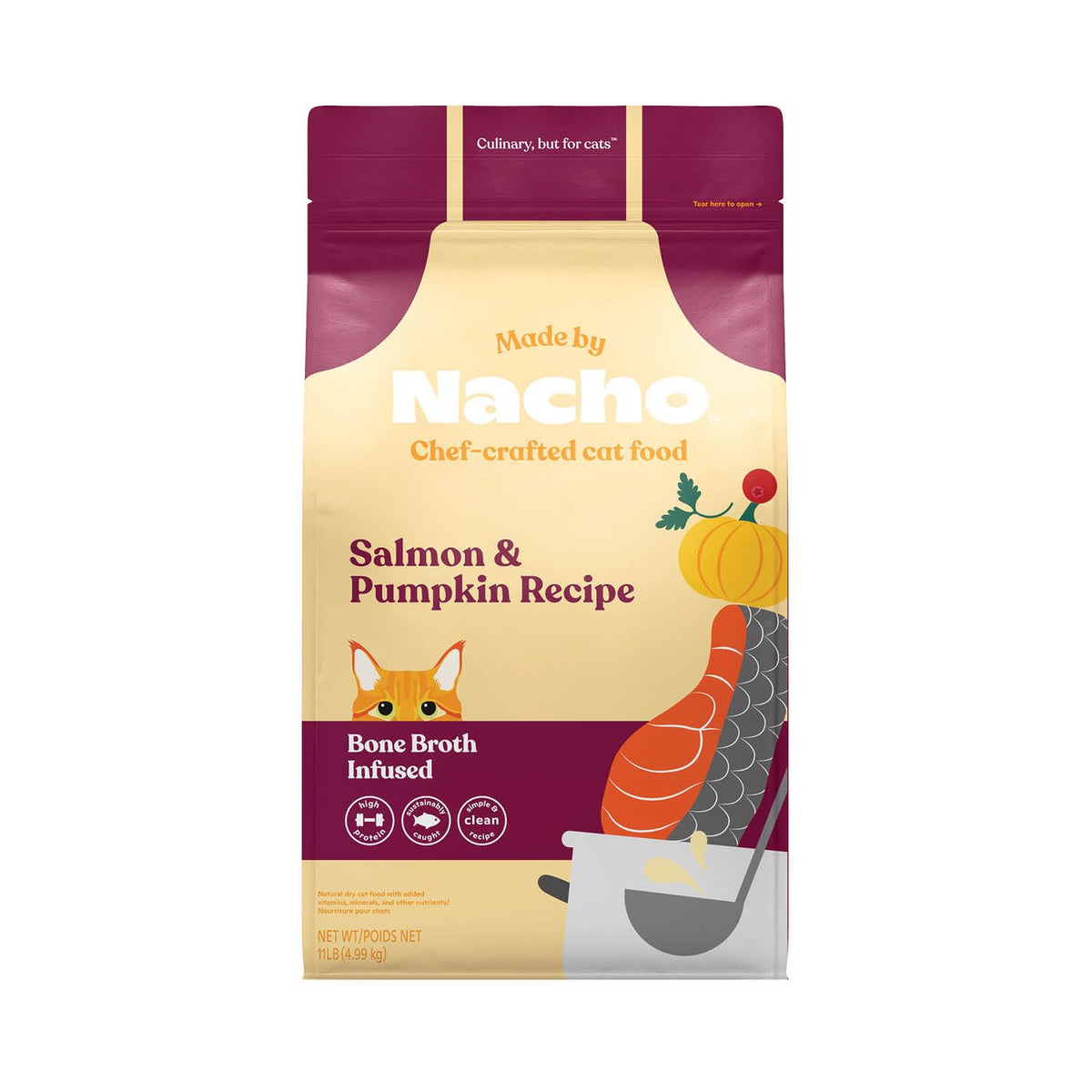 Made by Nacho emballage avant montrant sac 11 lb et bénéfice appétence
