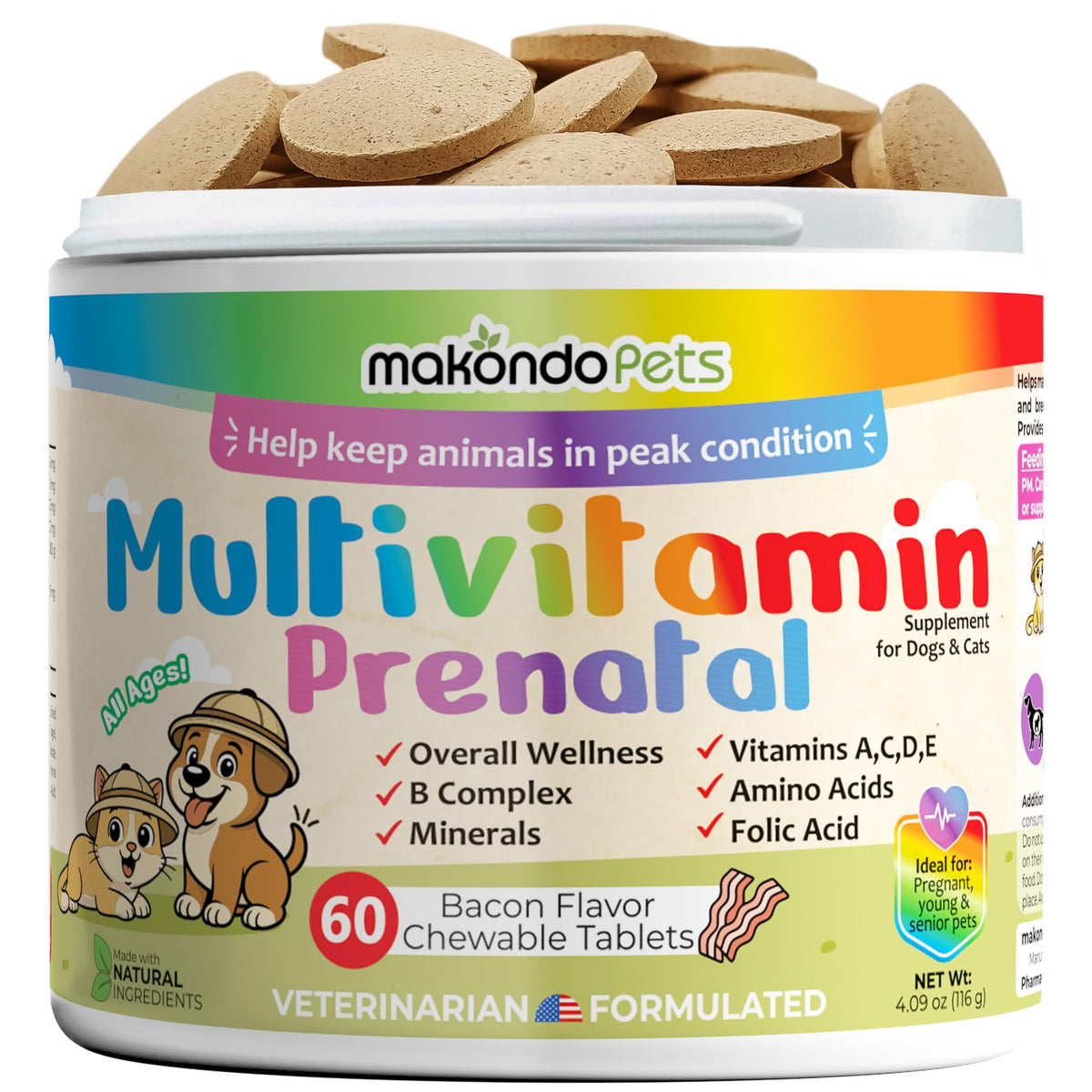 Makondo Pets flacon 60 comprimés montrant emballage clair et pratique