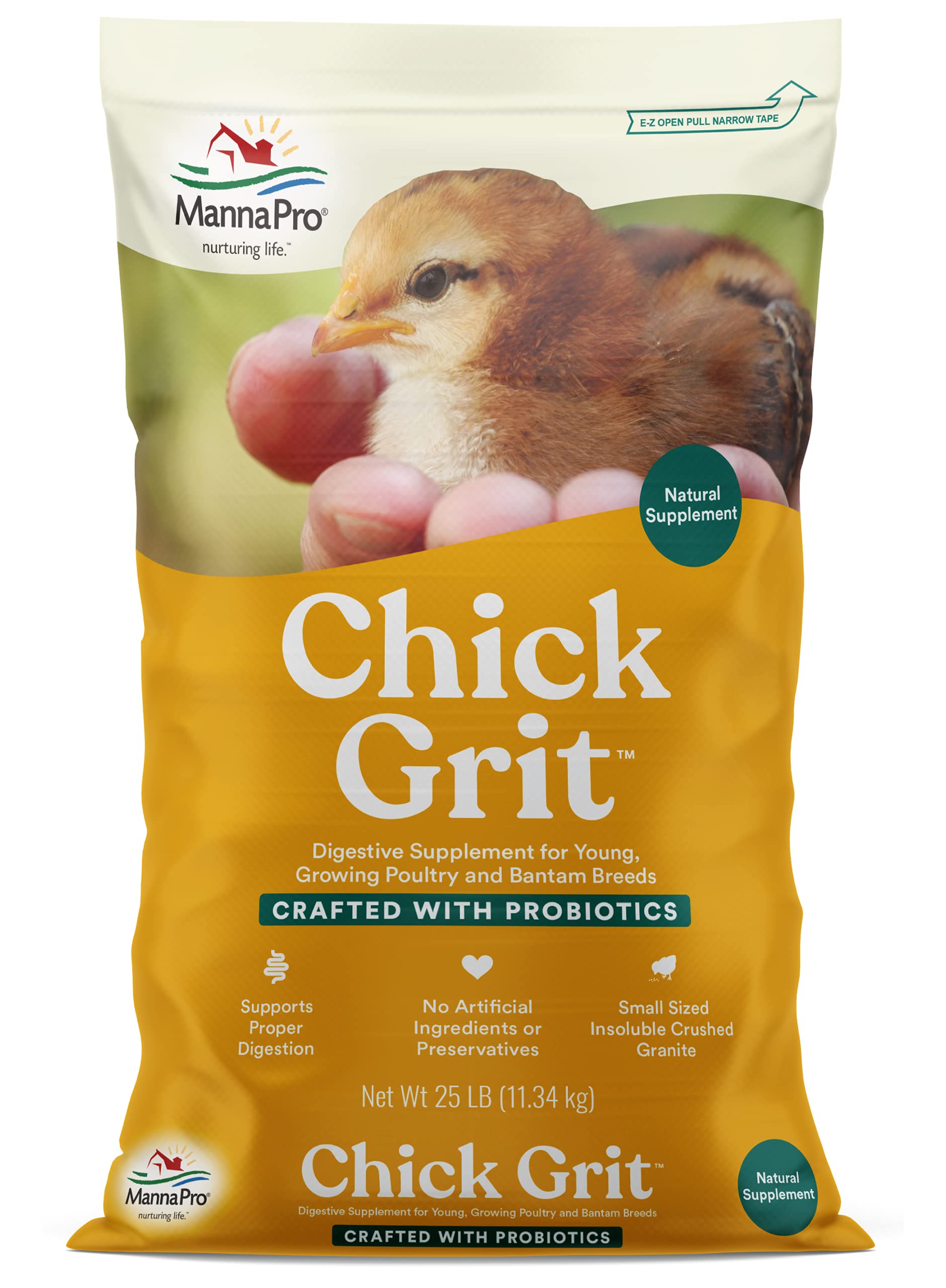 Manna Pro sac 25 lb de chick grit montrant l'emballage et la marque, pratique pour élevage