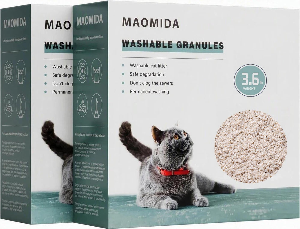 MAOMIDA emballage avant montrant la recharge compatible CatGenie et ses avantages écologiques