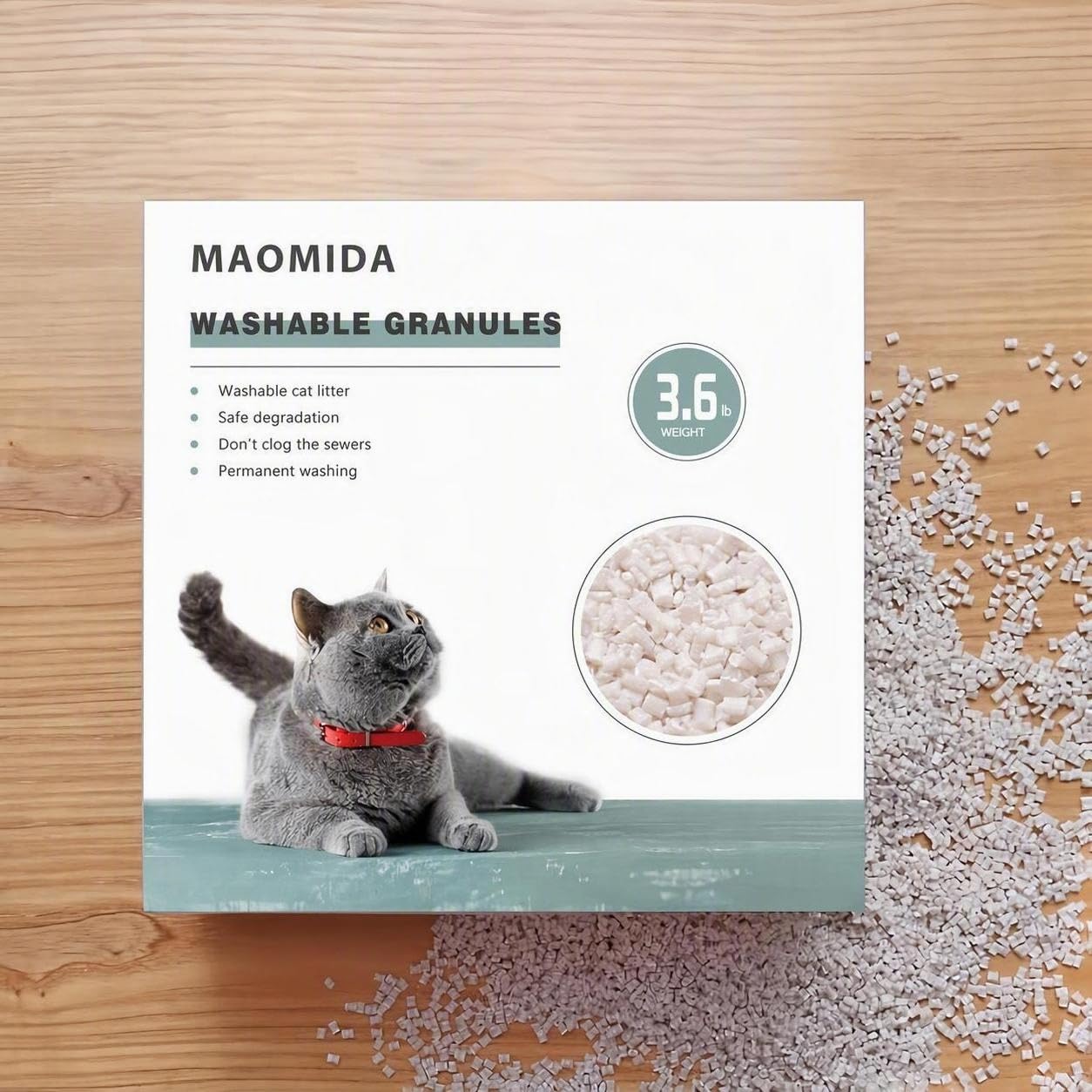Gros plan des granulés MAOMIDA illustrant la texture douce pour pattes et le confort du chat