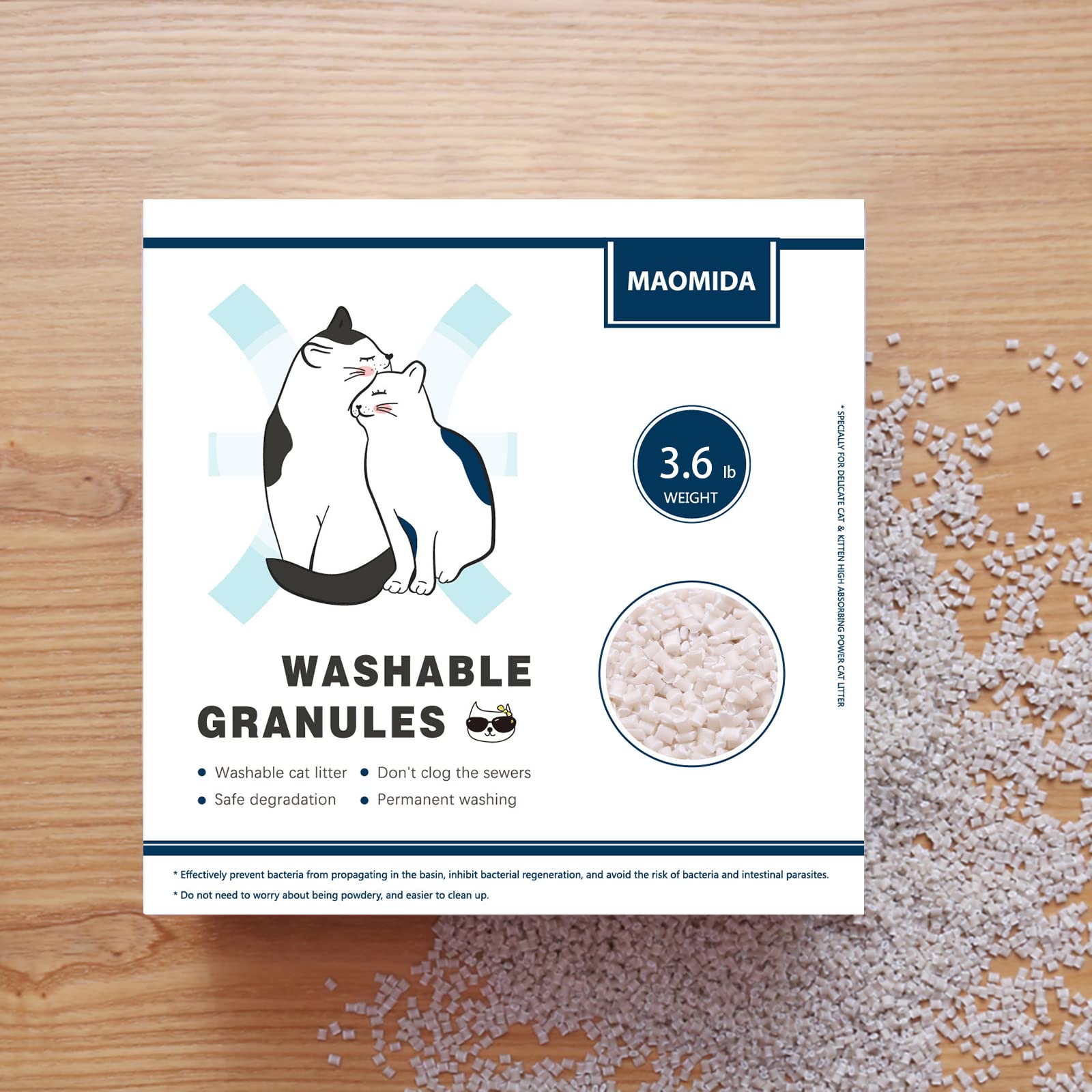 MAOMIDA gros plan sur granulés illustrant texture et absorption