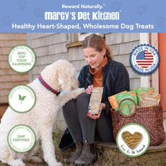 Marcy's Pet Kitchen biscuits en forme de coeur prêts à être offerts, favorisent le contrôle des portions