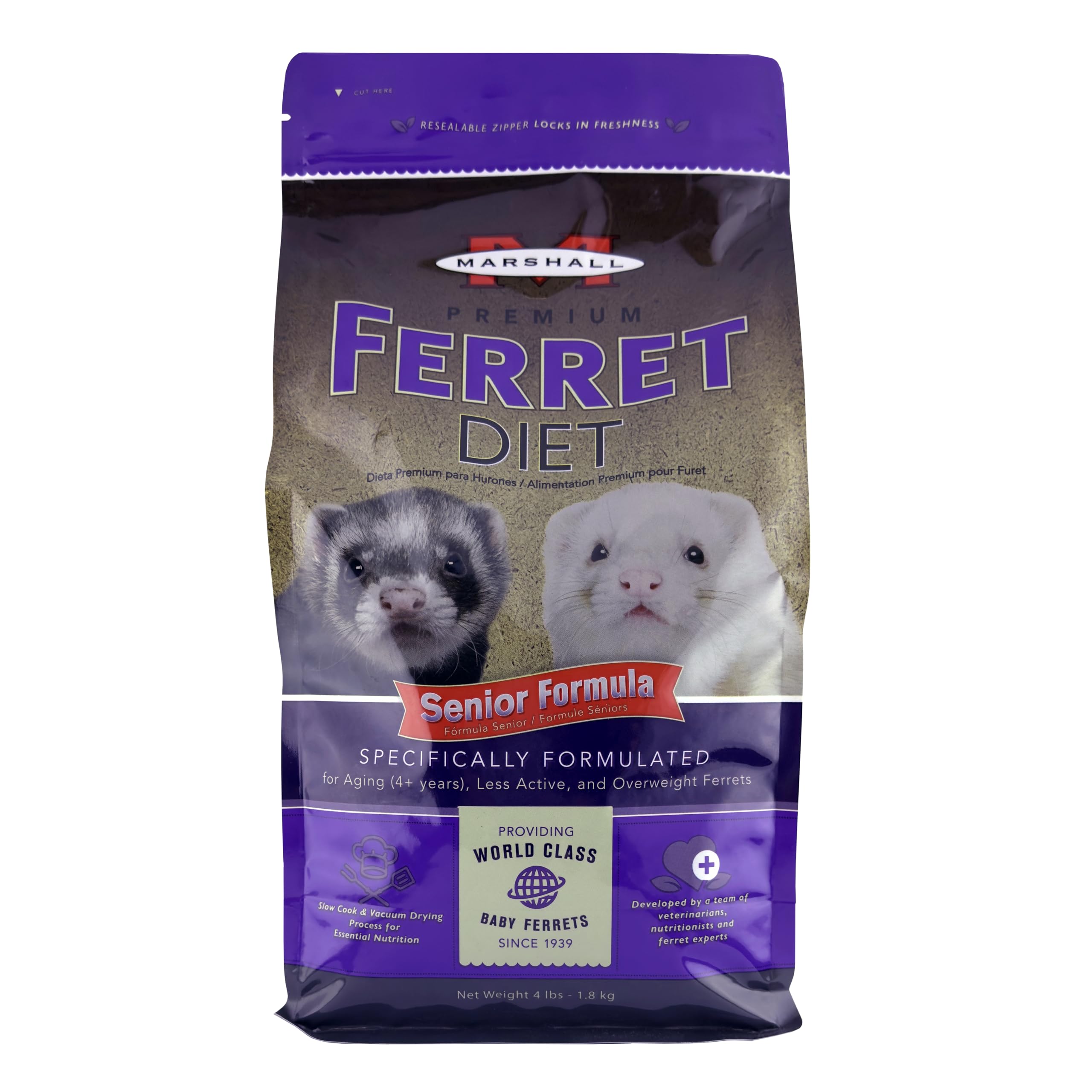 Marshall Pet Products emballage devant montrant formule senior et bénéfice nutritionnel