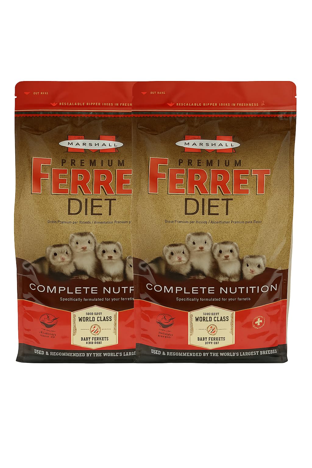Marshall Premium Ferret Diet Food emballage avant montrant le design et la marque, facilite l'identification rapide