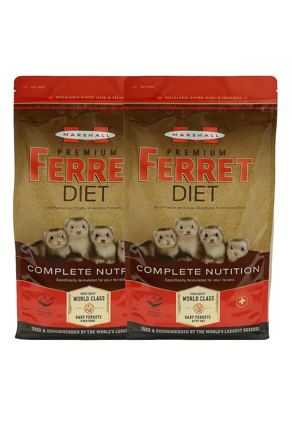 Marshall Premium Ferret Diet Food emballage avant montrant le design et la marque, facilite l'identification rapide