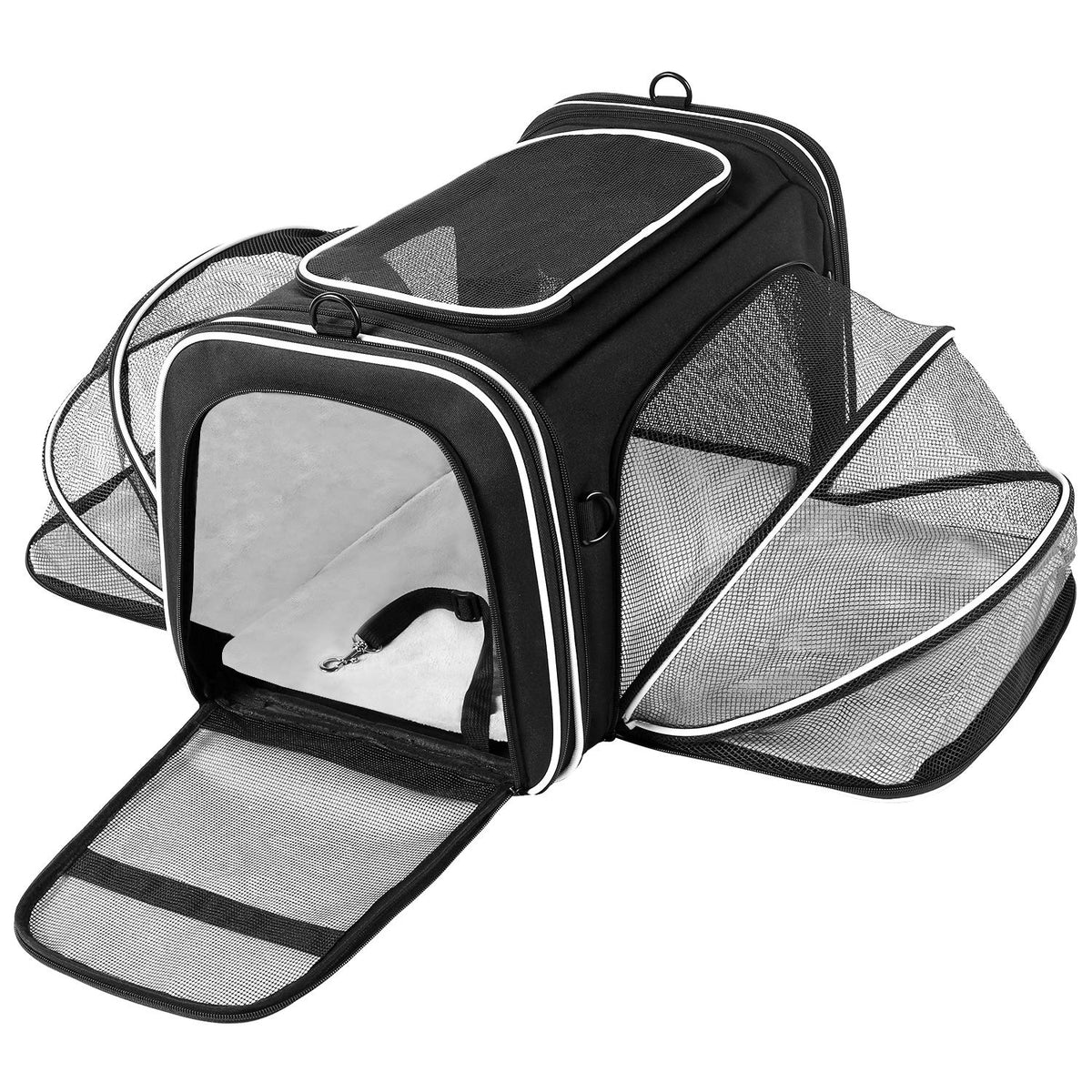 MASKEYON vue avant du transporteur noir et blanc, confort et sécurité