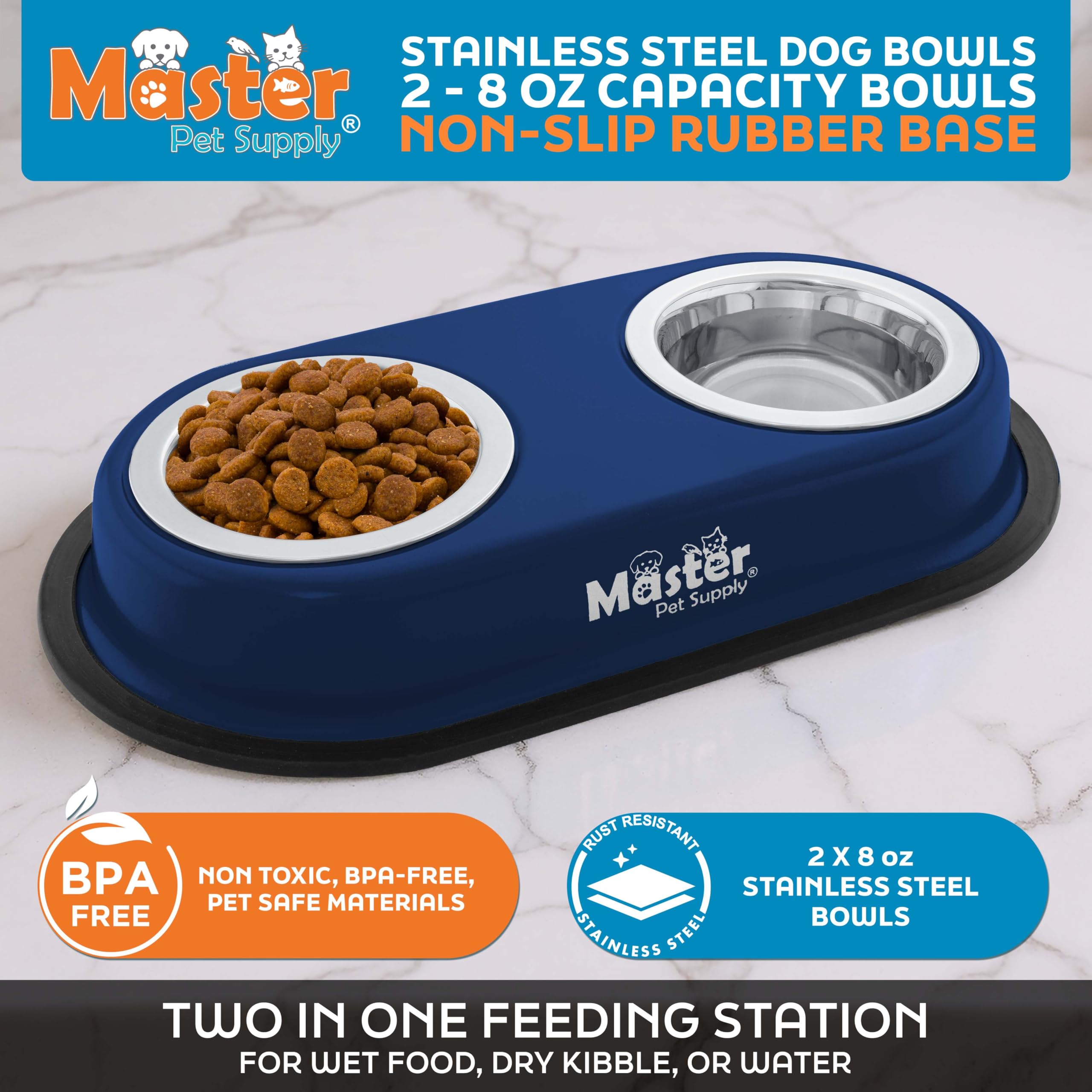 Master Pet Supply gros plan sur le bol inox amovible, facile à nettoyer