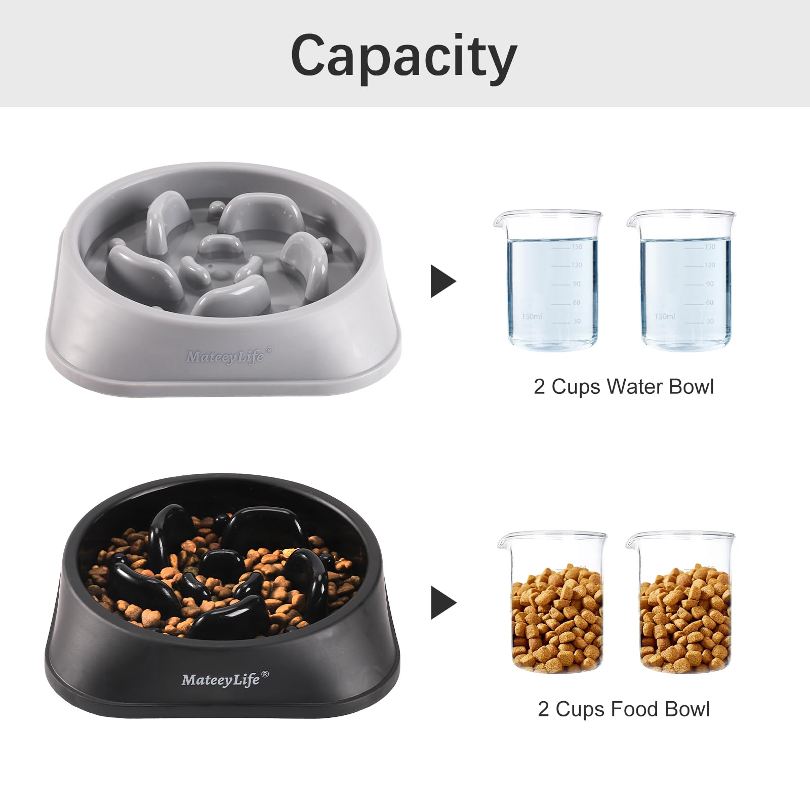 MateeyLife comparaison taille et capacité, montre 2 tasses utiles