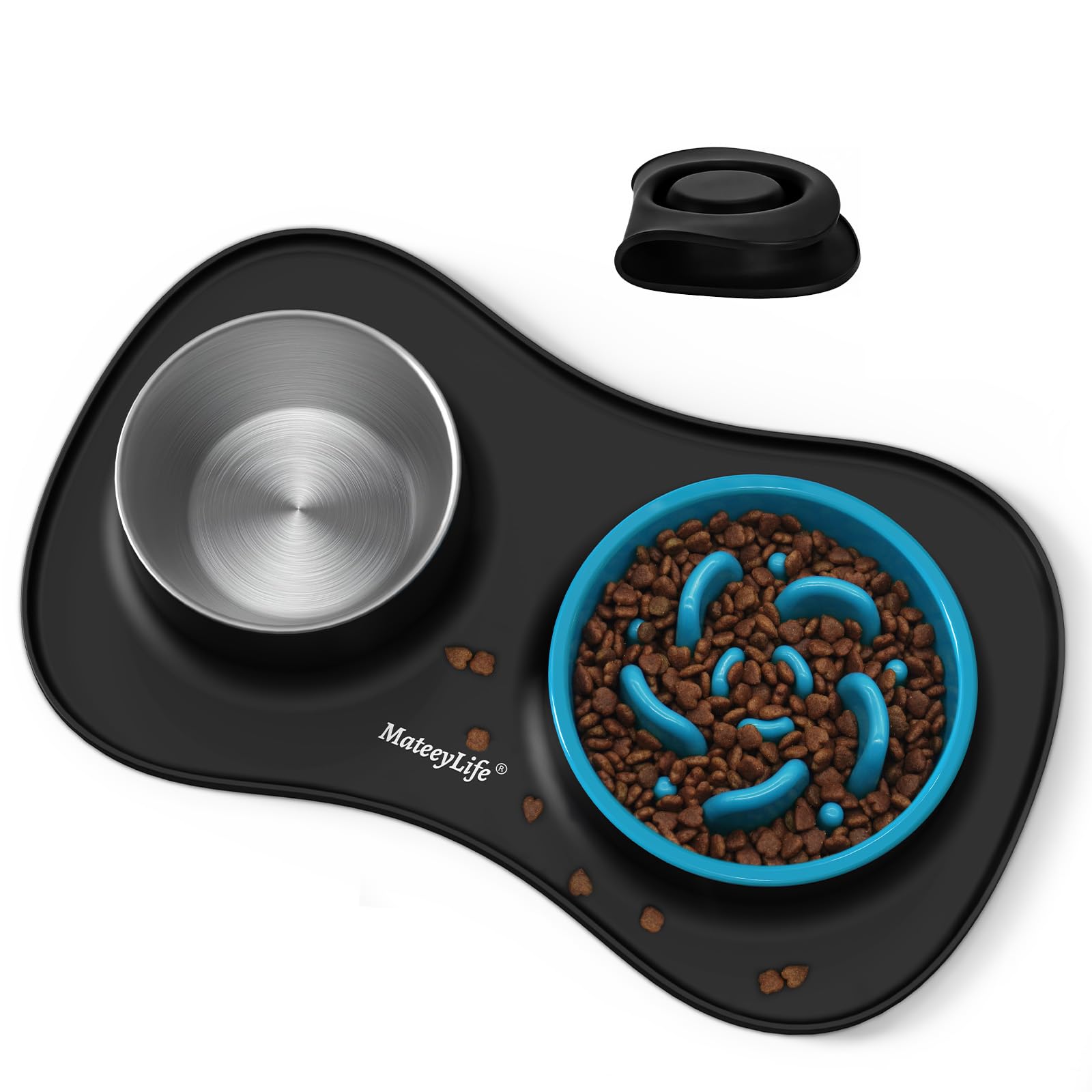 MateeyLife ensemble devant montrant gamelle lente bol inox et tapis, organisation propre