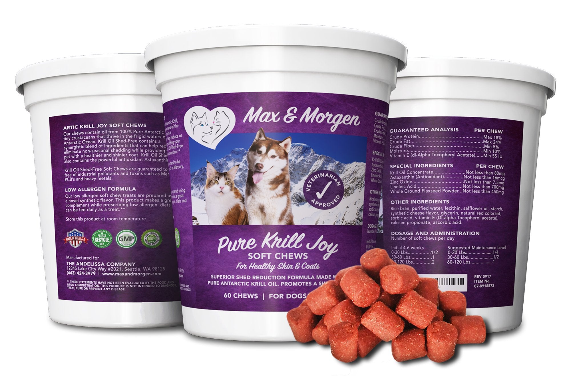 Max and Morgen Pure Krill Joy émiettée sur croquettes montrant portion adaptable