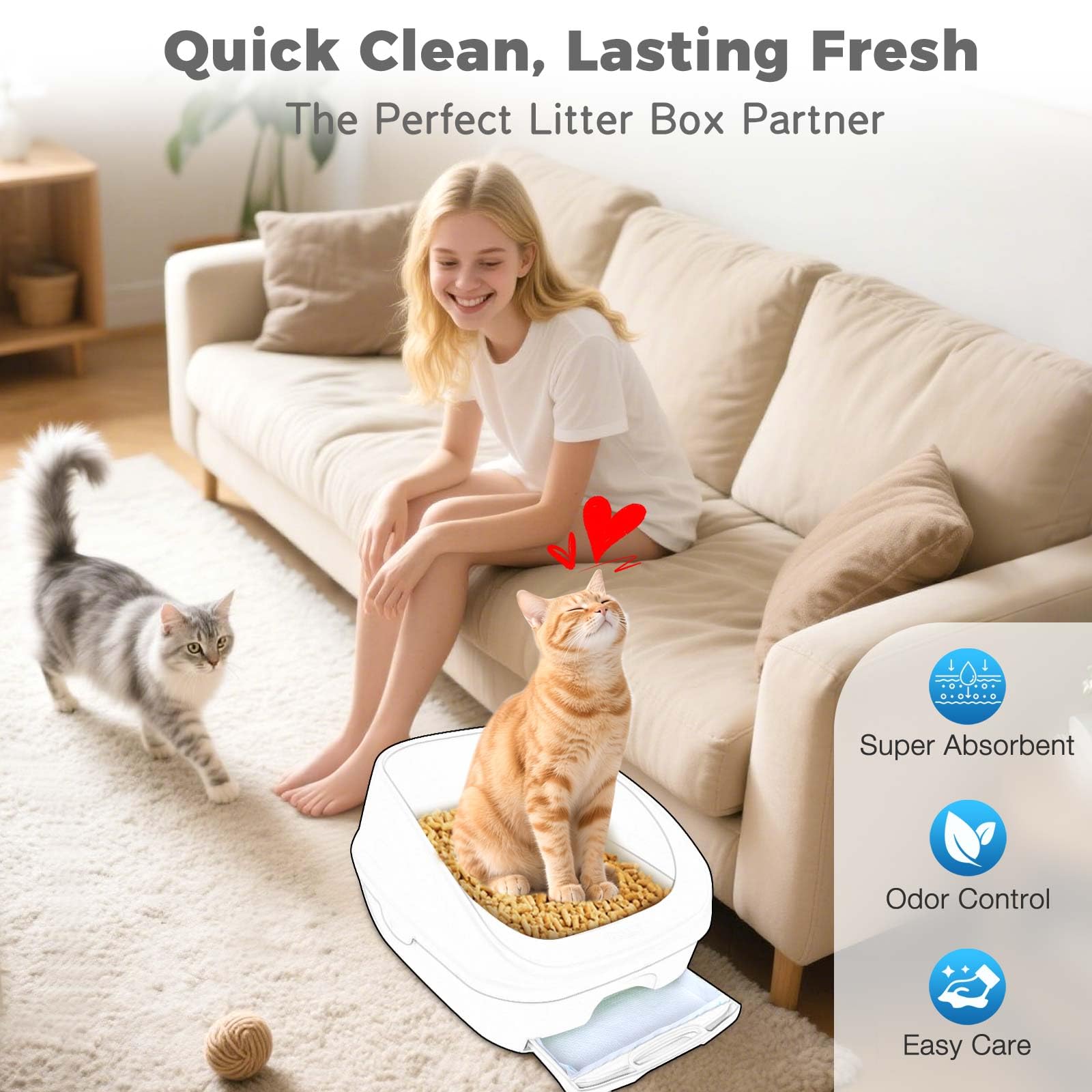 MED coussinet mise en scène salon avec chat, maintien hygiène et confort domestique