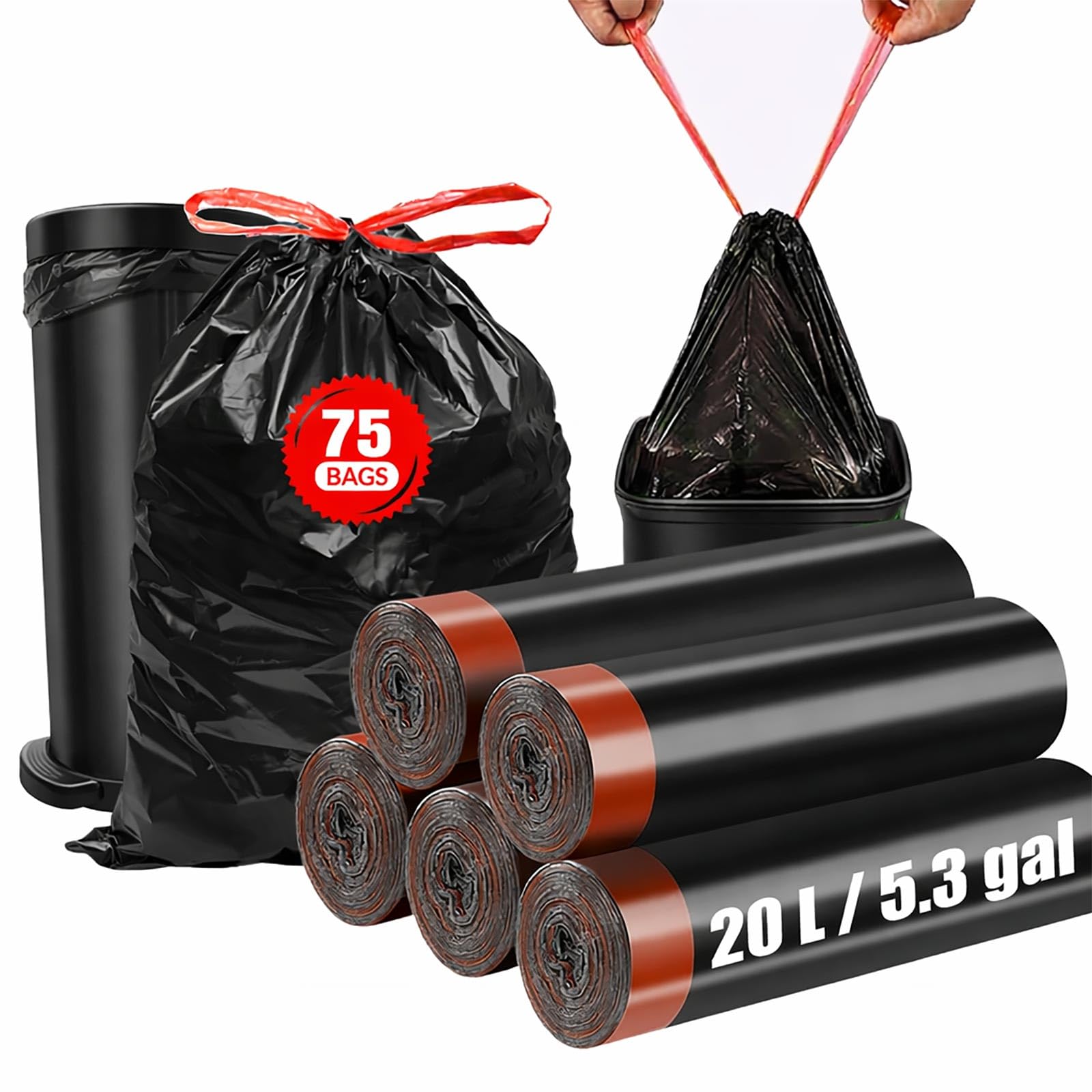Meegood emballage 5 rouleaux montrant 75 sacs, garde une réserve pratique